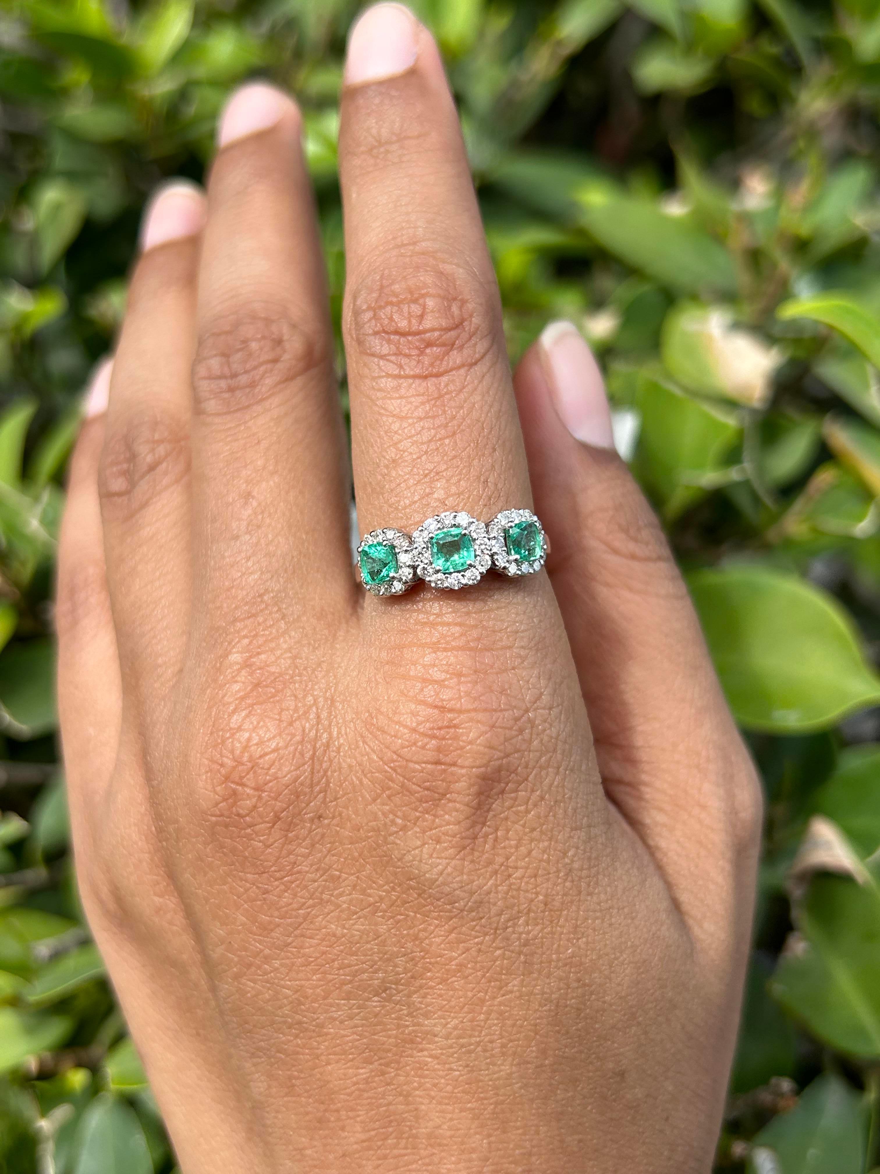 For Sale:  Halo Diamond Emerald Three Stone Ring in 14k Solid White Gold Settings 3