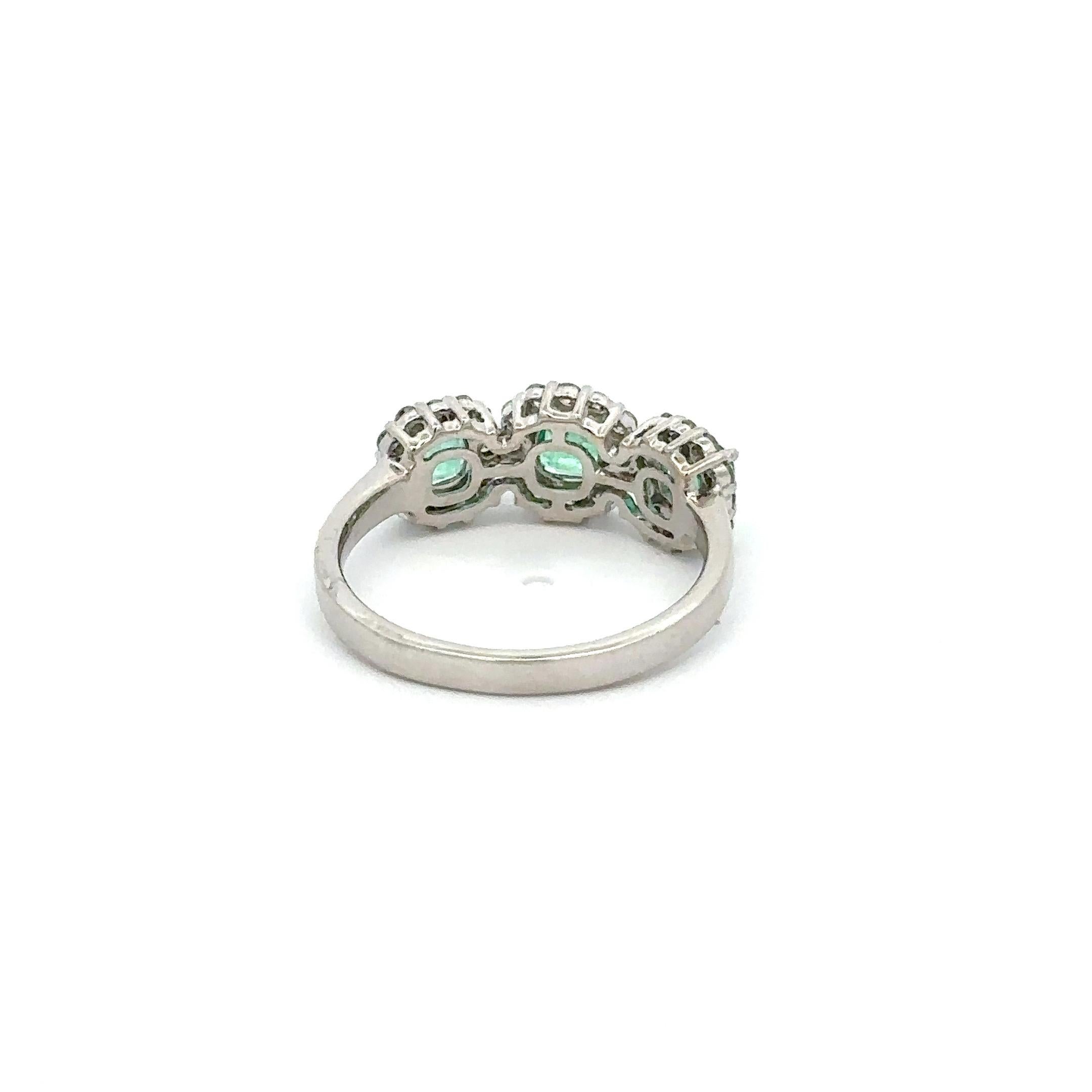 For Sale:  Halo Diamond Emerald Three Stone Ring in 14k Solid White Gold Settings 4