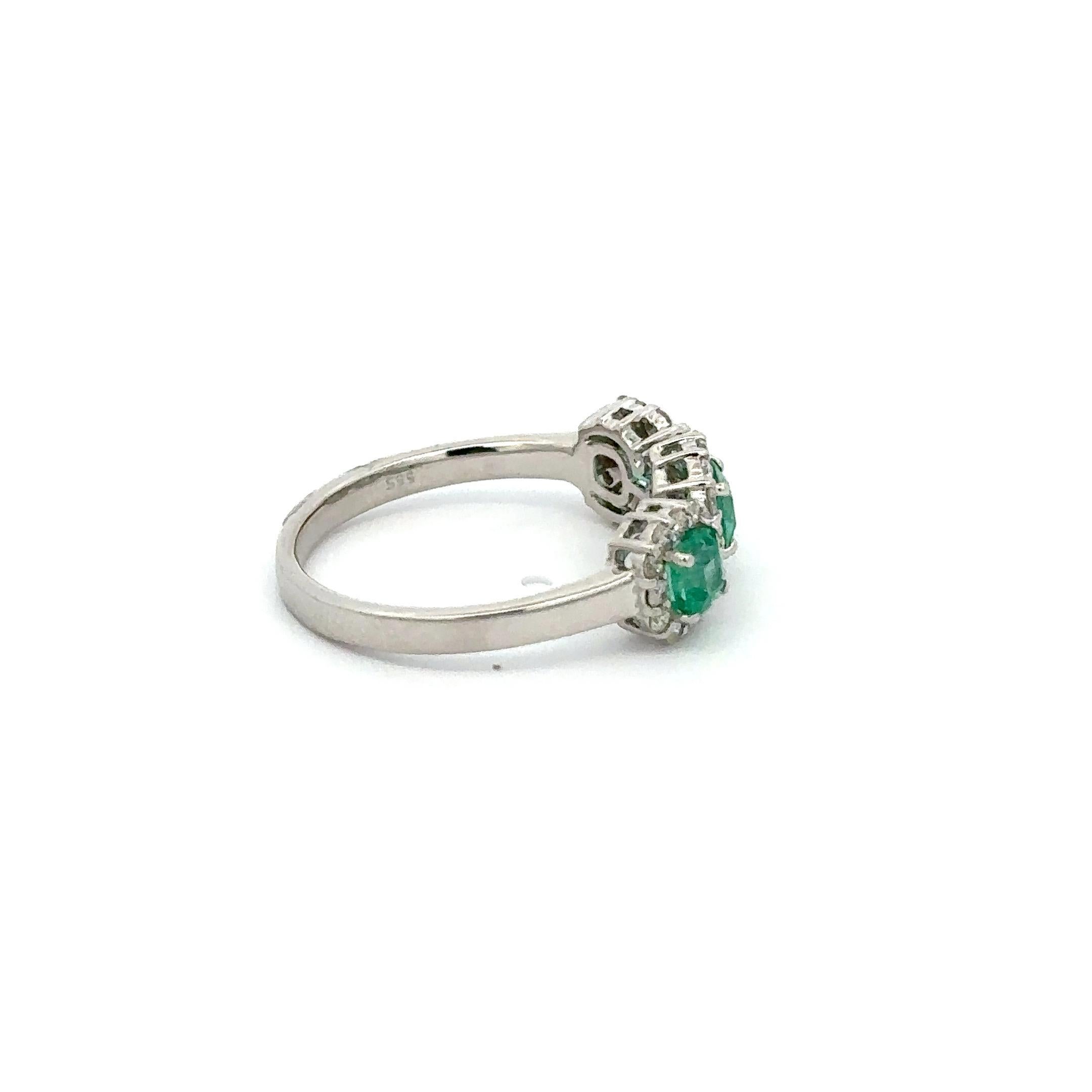 For Sale:  Halo Diamond Emerald Three Stone Ring in 14k Solid White Gold Settings 6