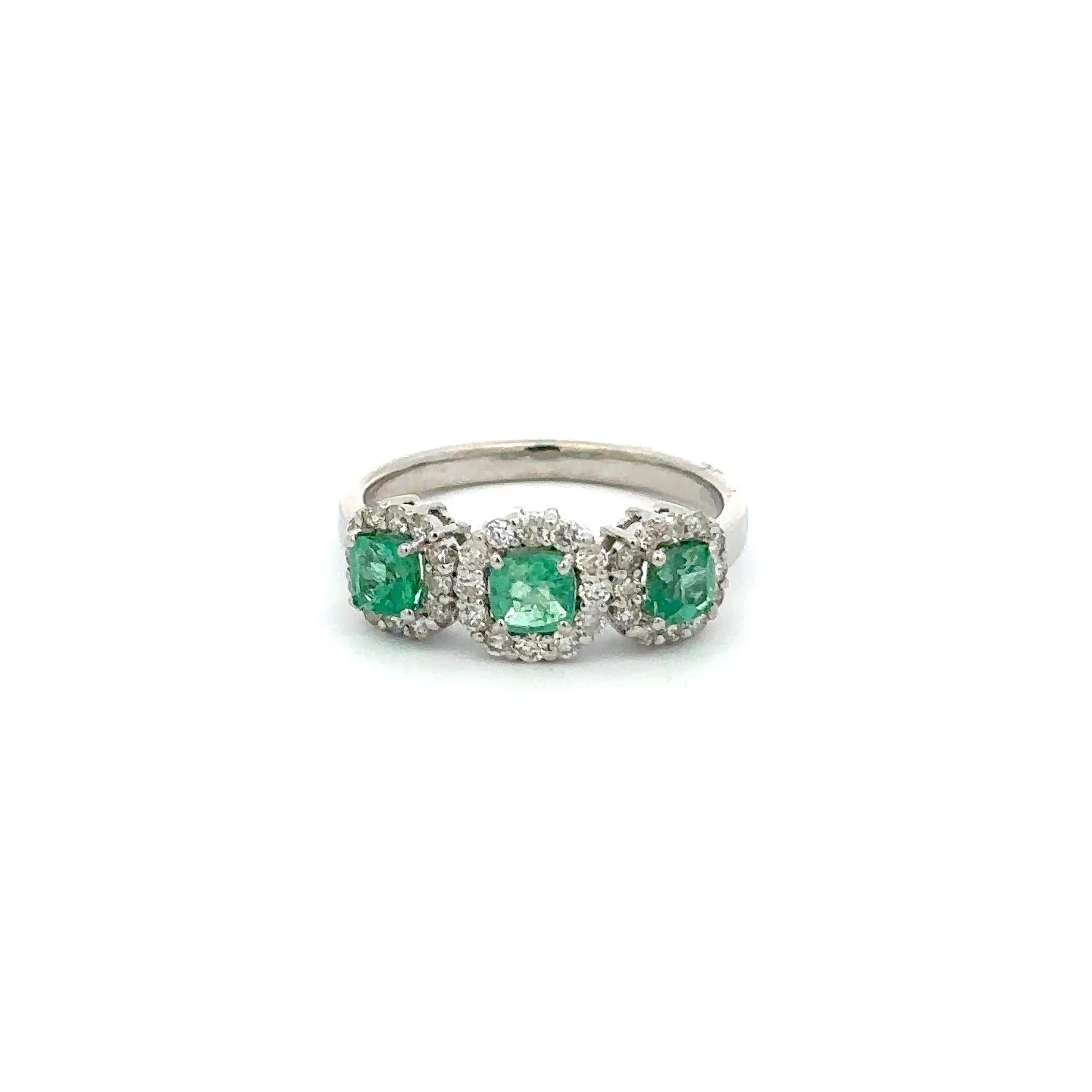 For Sale:  Halo Diamond Emerald Three Stone Ring in 14k Solid White Gold Settings 8