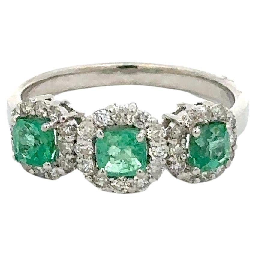 Halo Diamond Emerald Three Stone Ring in 14k Solid White Gold Settings