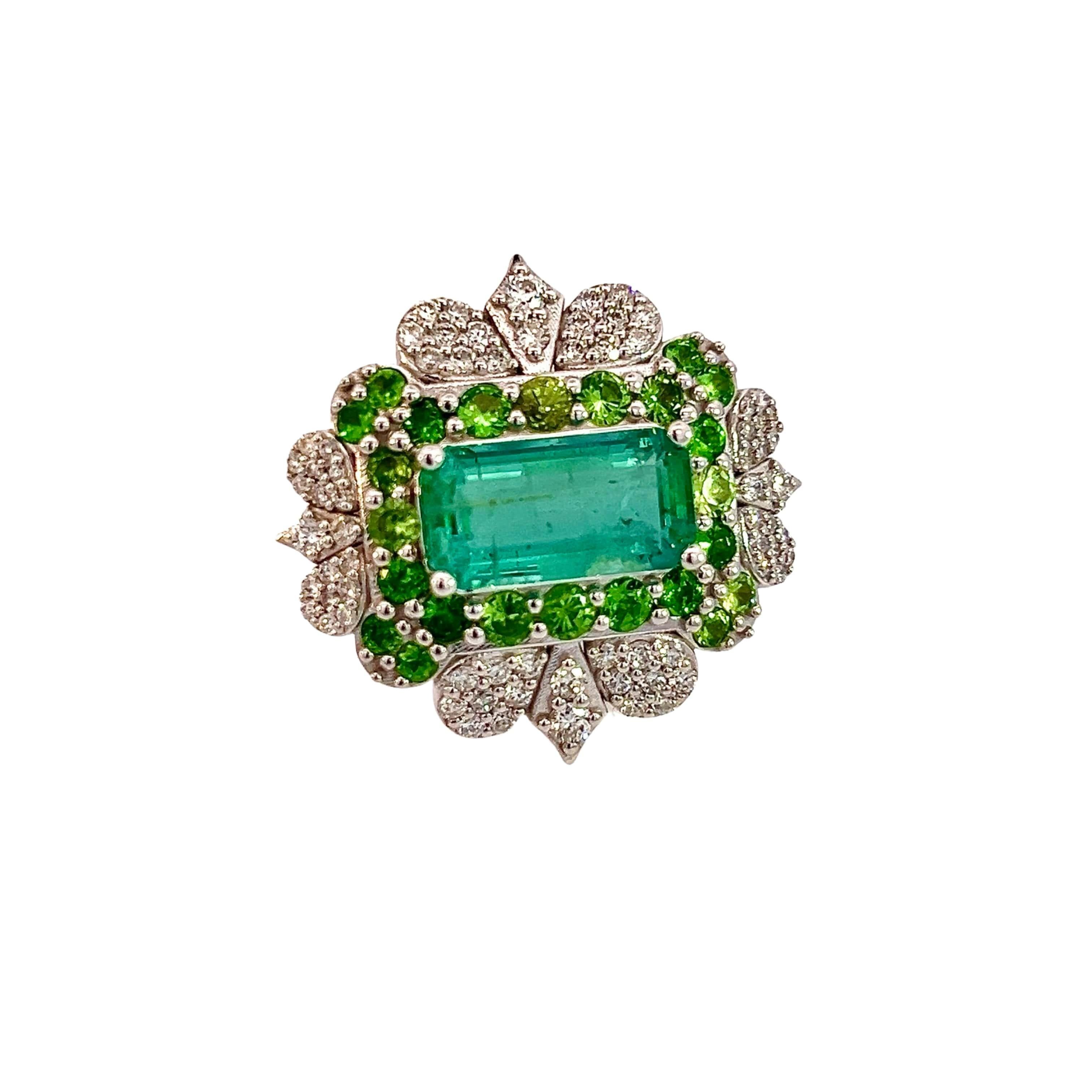 Emerald Cut Natural Emerald Tsavorite Diamond Ring 6.75 14k White Gold 9.22 TCW Certified For Sale