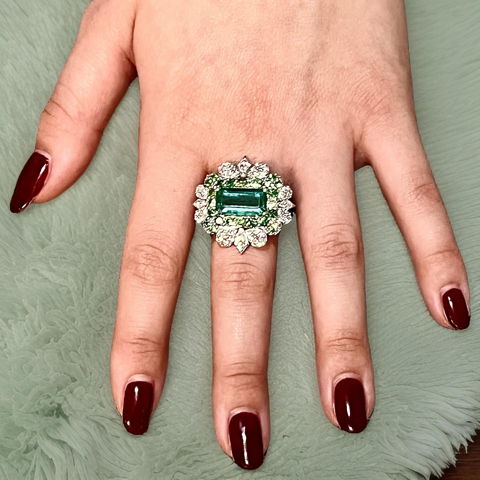 Women's Natural Emerald Tsavorite Diamond Ring 6.75 14k White Gold 9.22 TCW Certified For Sale