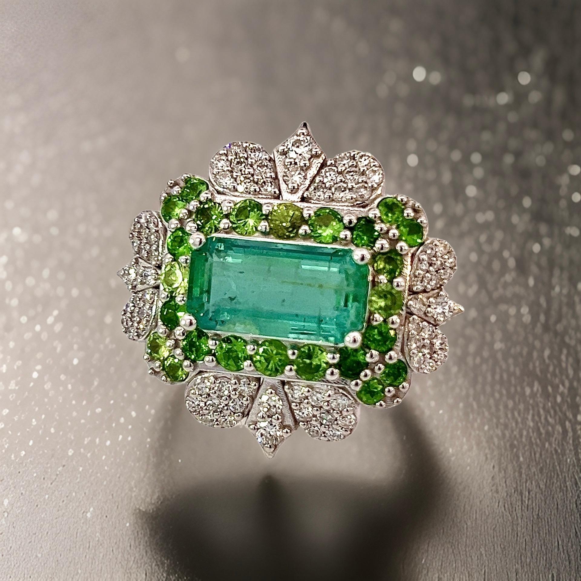 Natural Emerald Tsavorite Diamond Ring 6.75 14k White Gold 9.22 TCW Certified For Sale 1