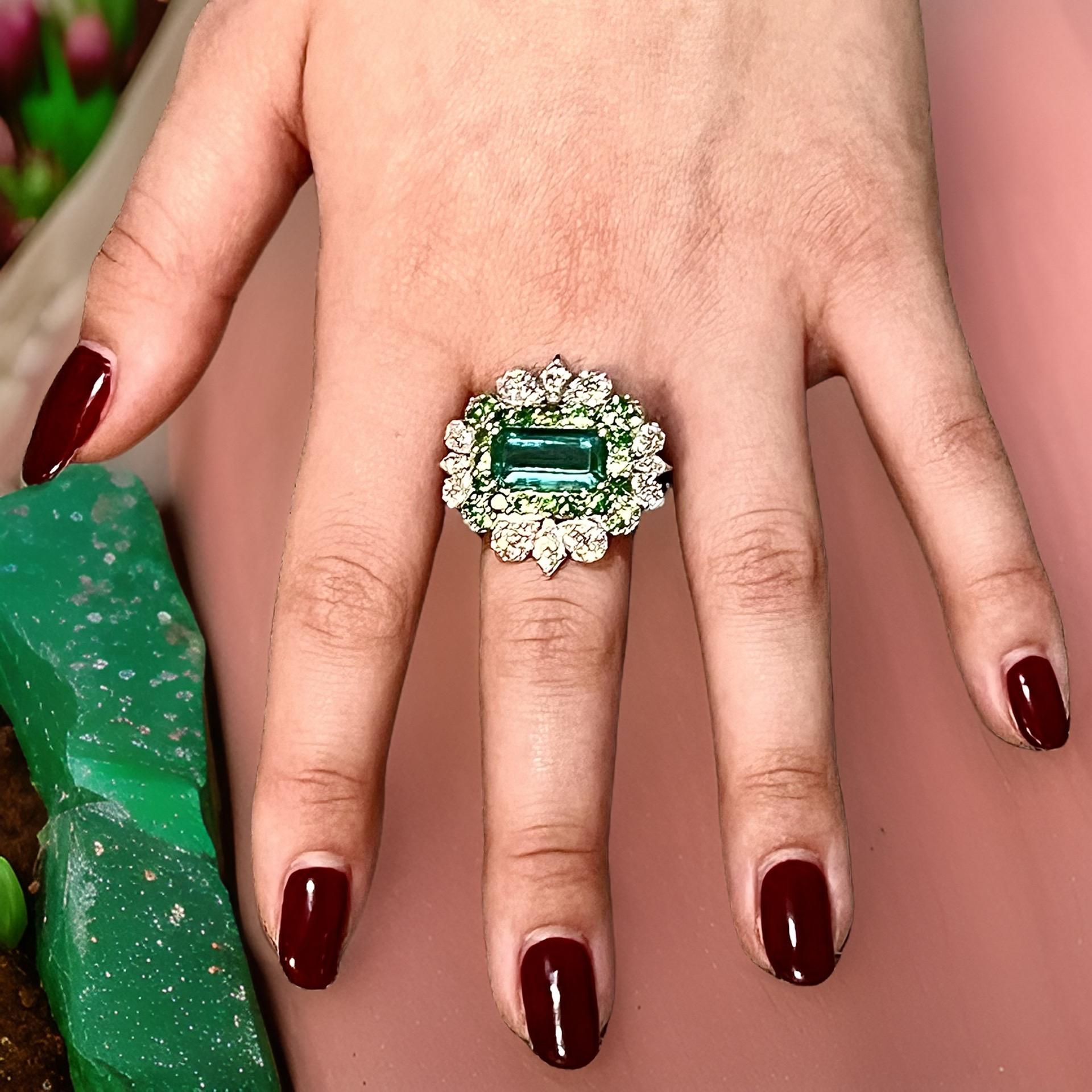 Natural Emerald Tsavorite Diamond Ring 6.75 14k White Gold 9.22 TCW Certified For Sale 2