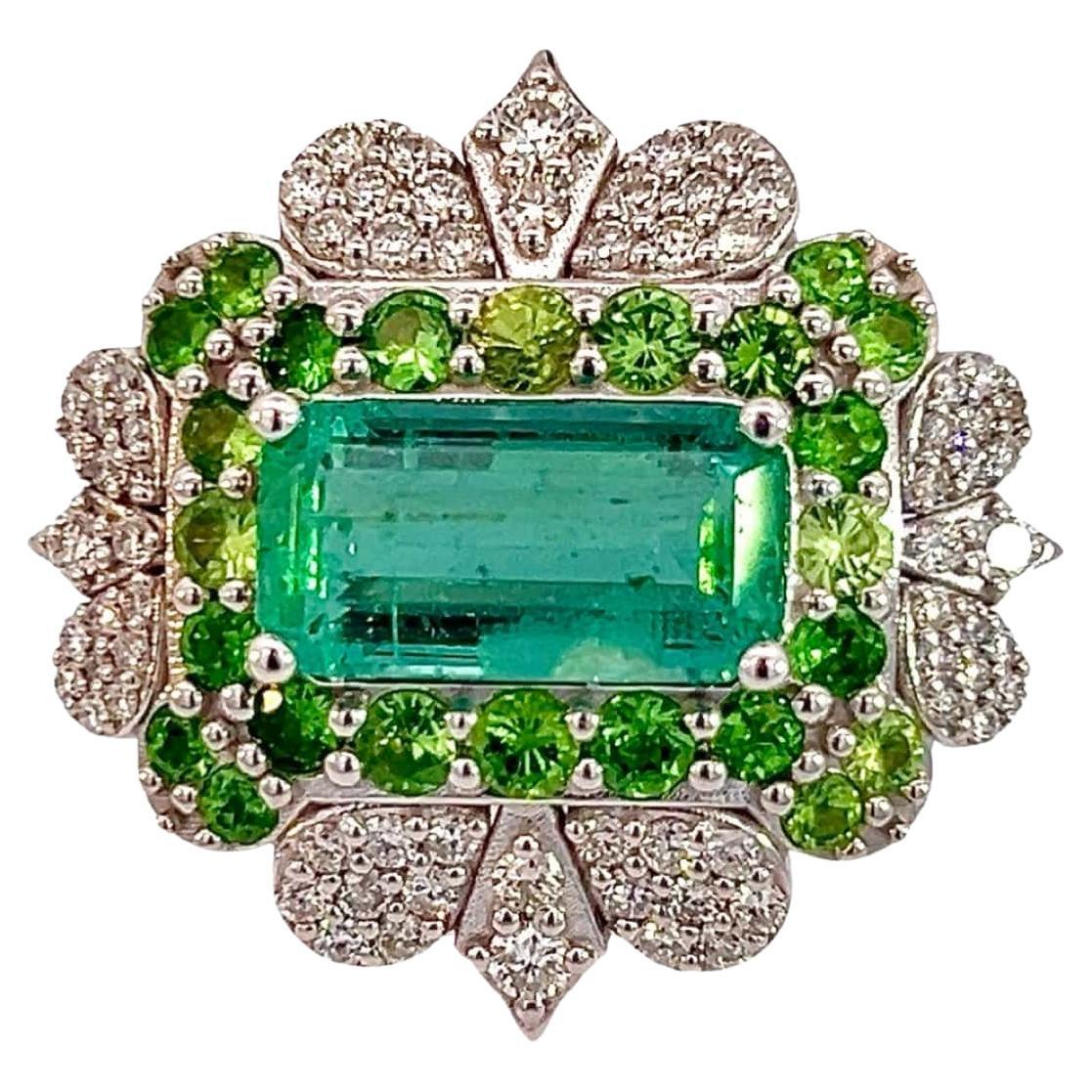 Natural Emerald Tsavorite Diamond Ring 6.75 14k White Gold 9.22 TCW Certified For Sale