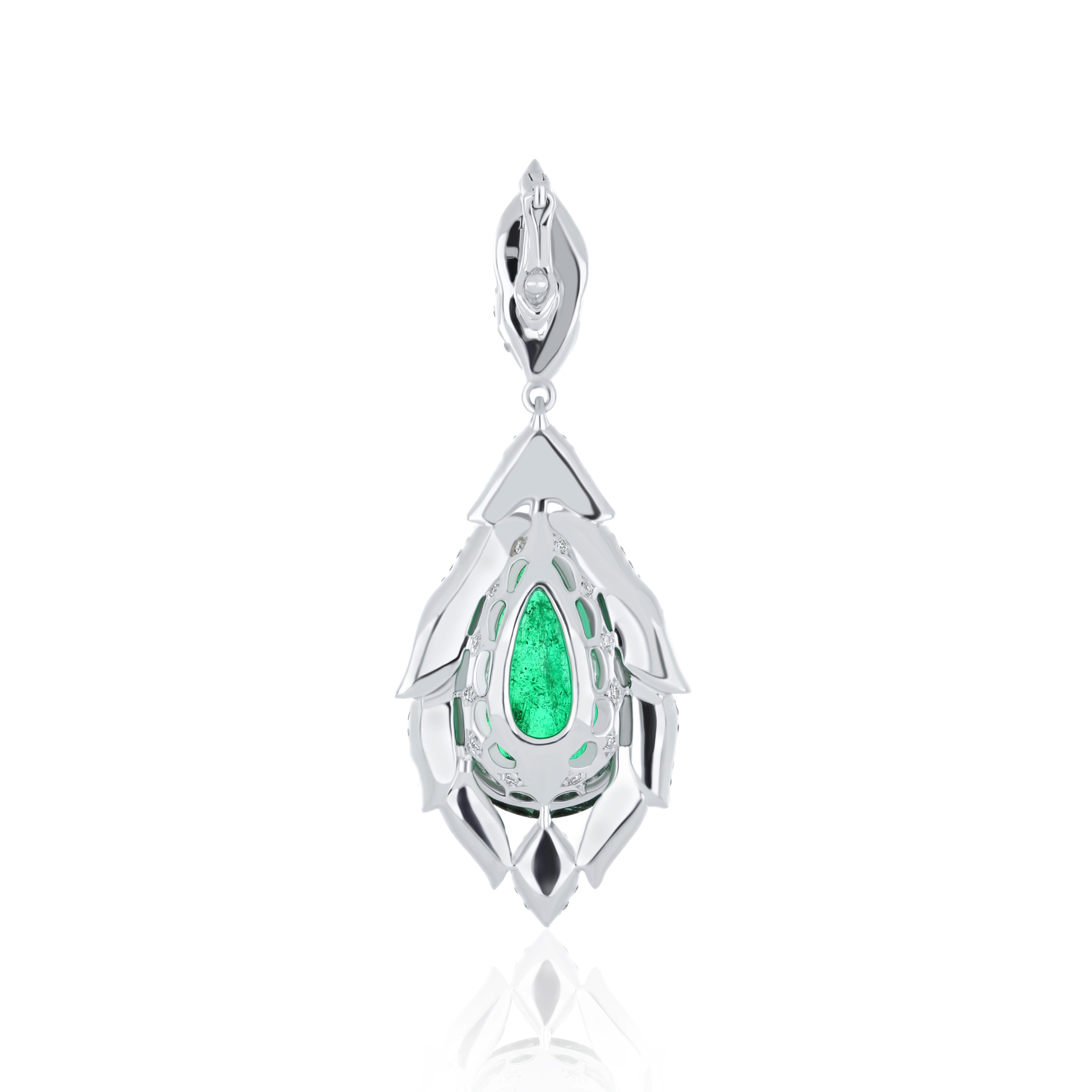 Modern Natural Emerald, Turquoise and Diamond Studded Pendant in 18kt White Gold  For Sale