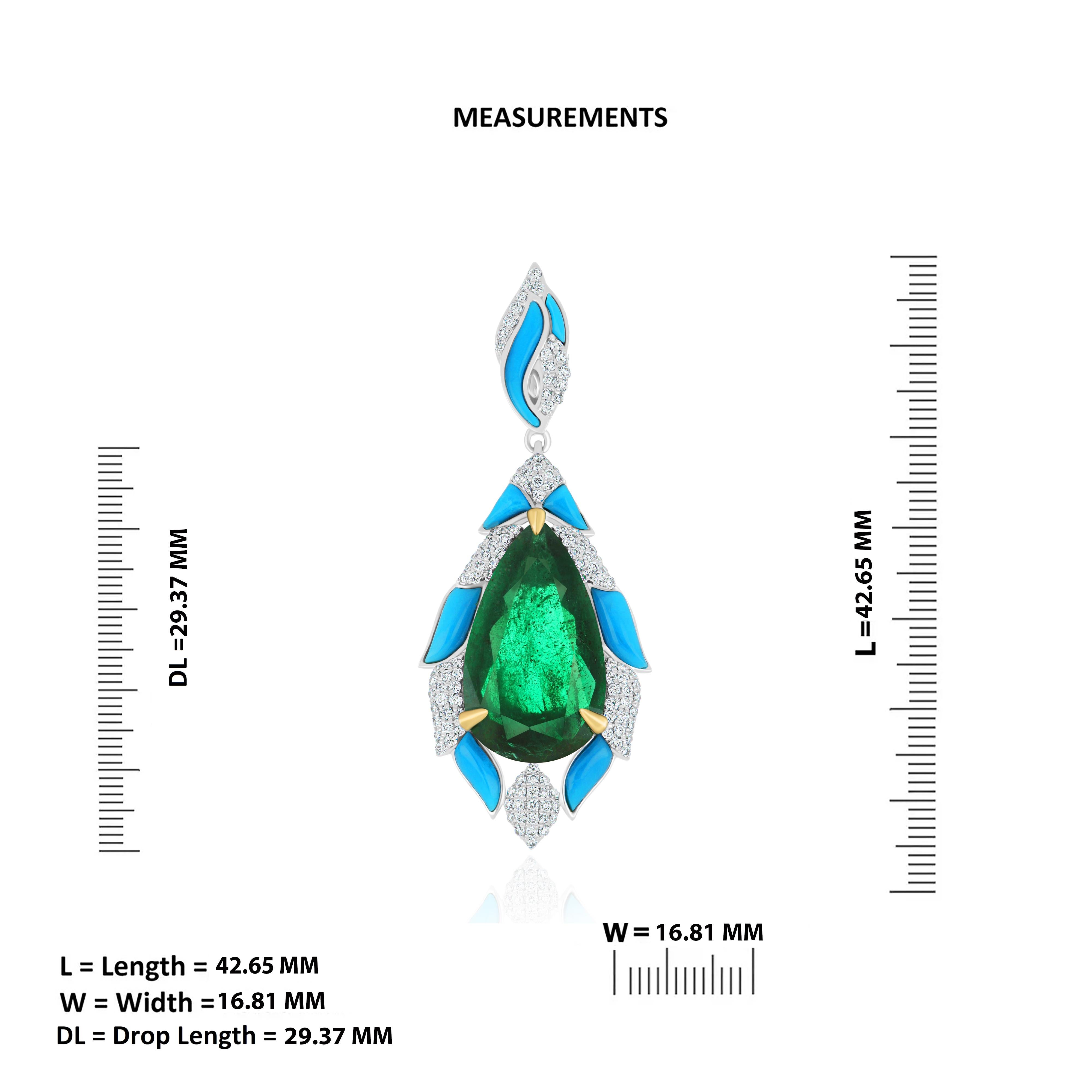 Pear Cut Natural Emerald, Turquoise and Diamond Studded Pendant in 18kt White Gold  For Sale