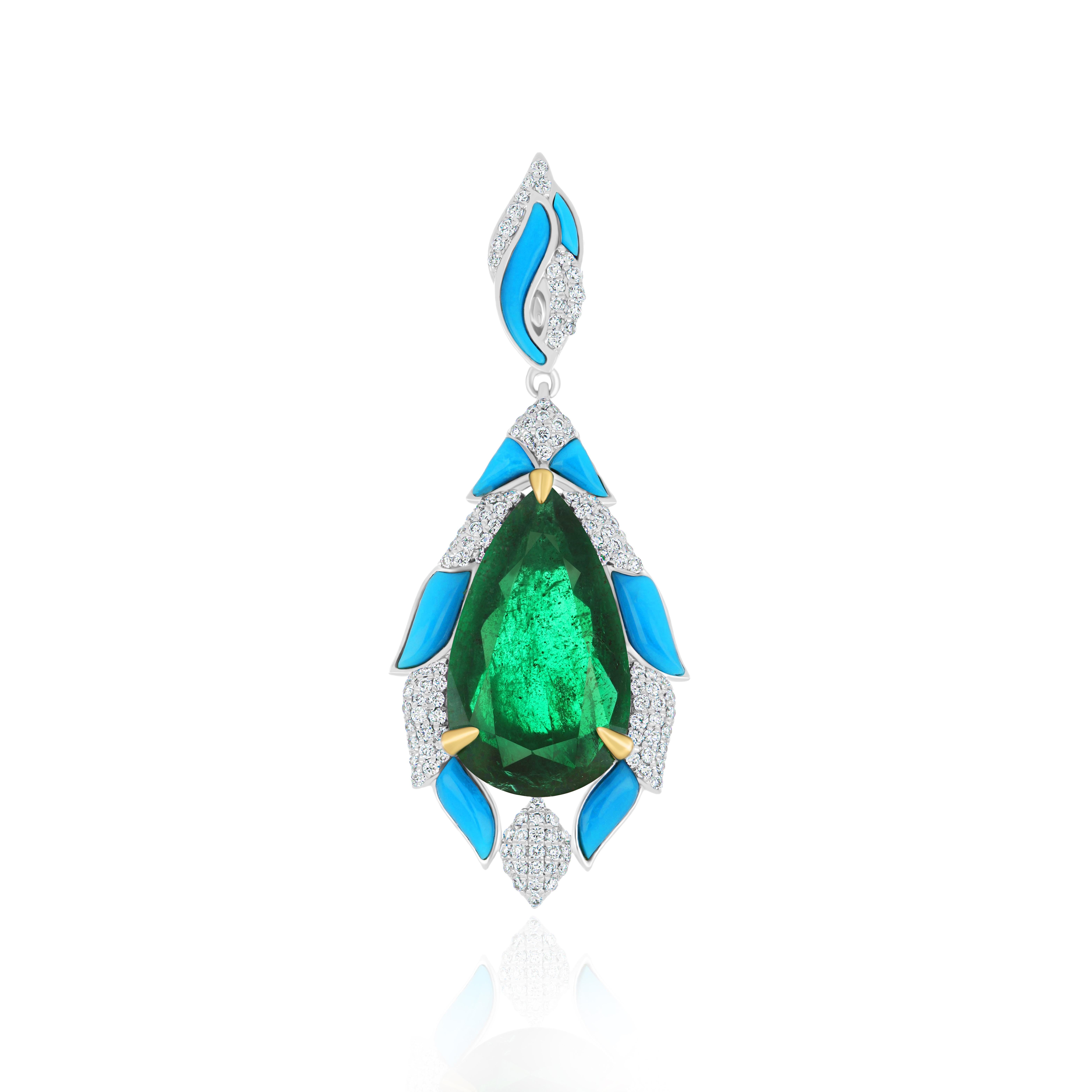 Natural Emerald, Turquoise and Diamond Studded Pendant in 18kt White Gold  In New Condition For Sale In JAIPUR, IN