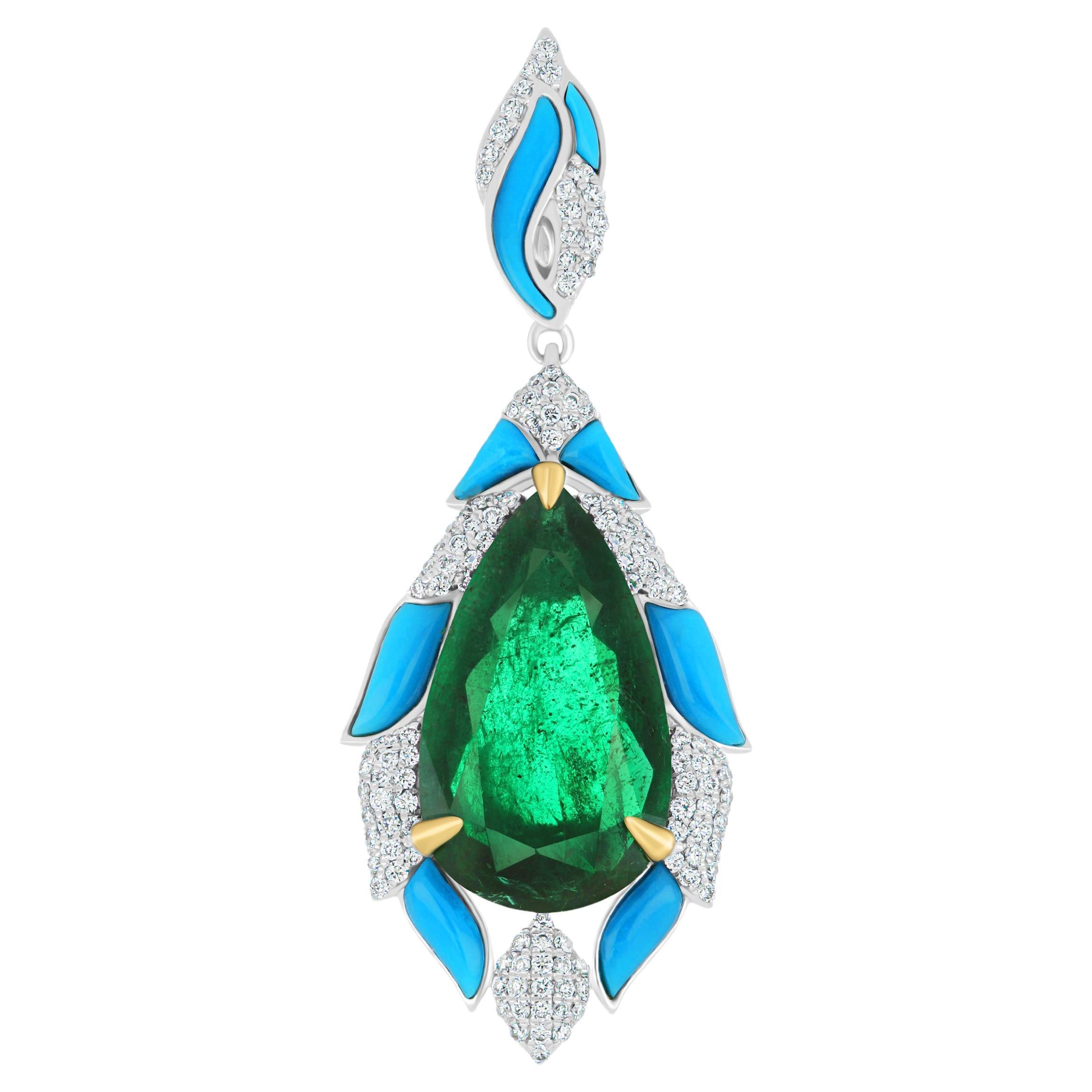 Natural Emerald, Turquoise and Diamond Studded Pendant in 18kt White Gold  For Sale
