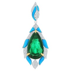 Pendentif en or blanc 18 carats serti d'émeraudes naturelles, de turquoises et de diamants 