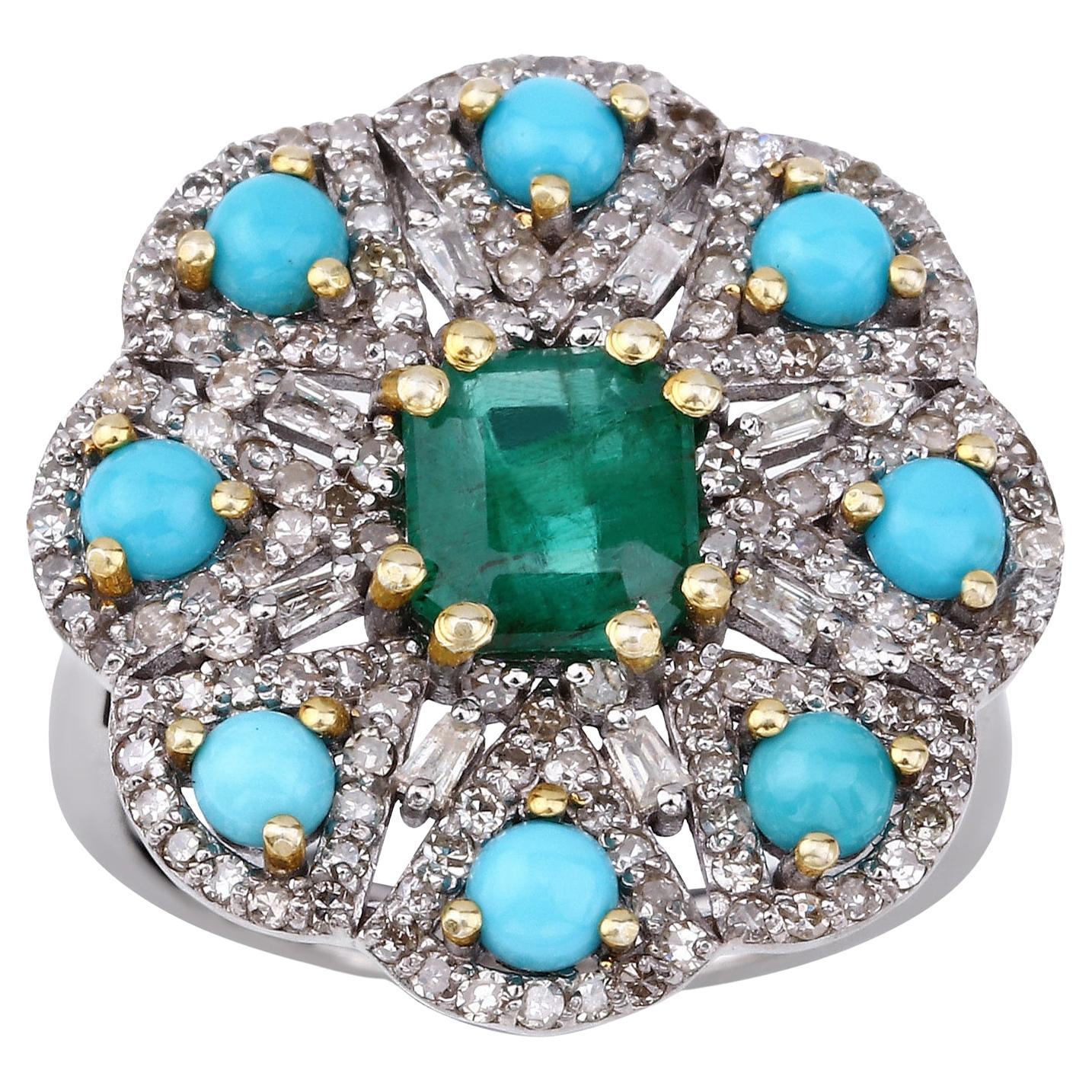 Natural Emerald Turquoise & Diamonds Statement Ring Two Tone Silver