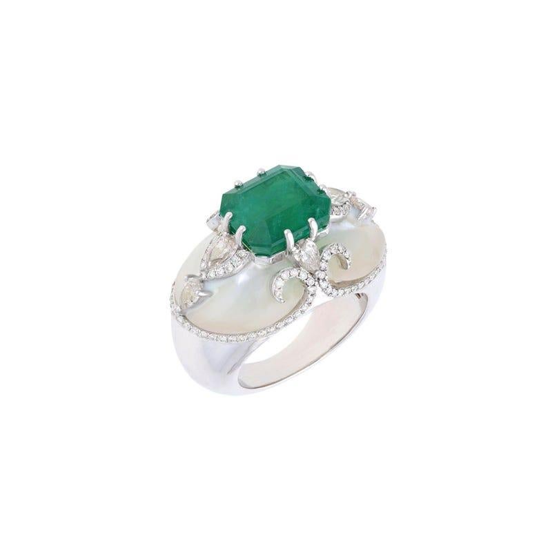 Contemporary Natural Emerald Unique Ring 18k White Gold Jewelry / Real Diamond Vintage Ring