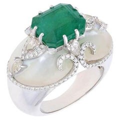 Natural Emerald Unique Ring 18k White Gold Jewelry / Real Diamond Vintage Ring