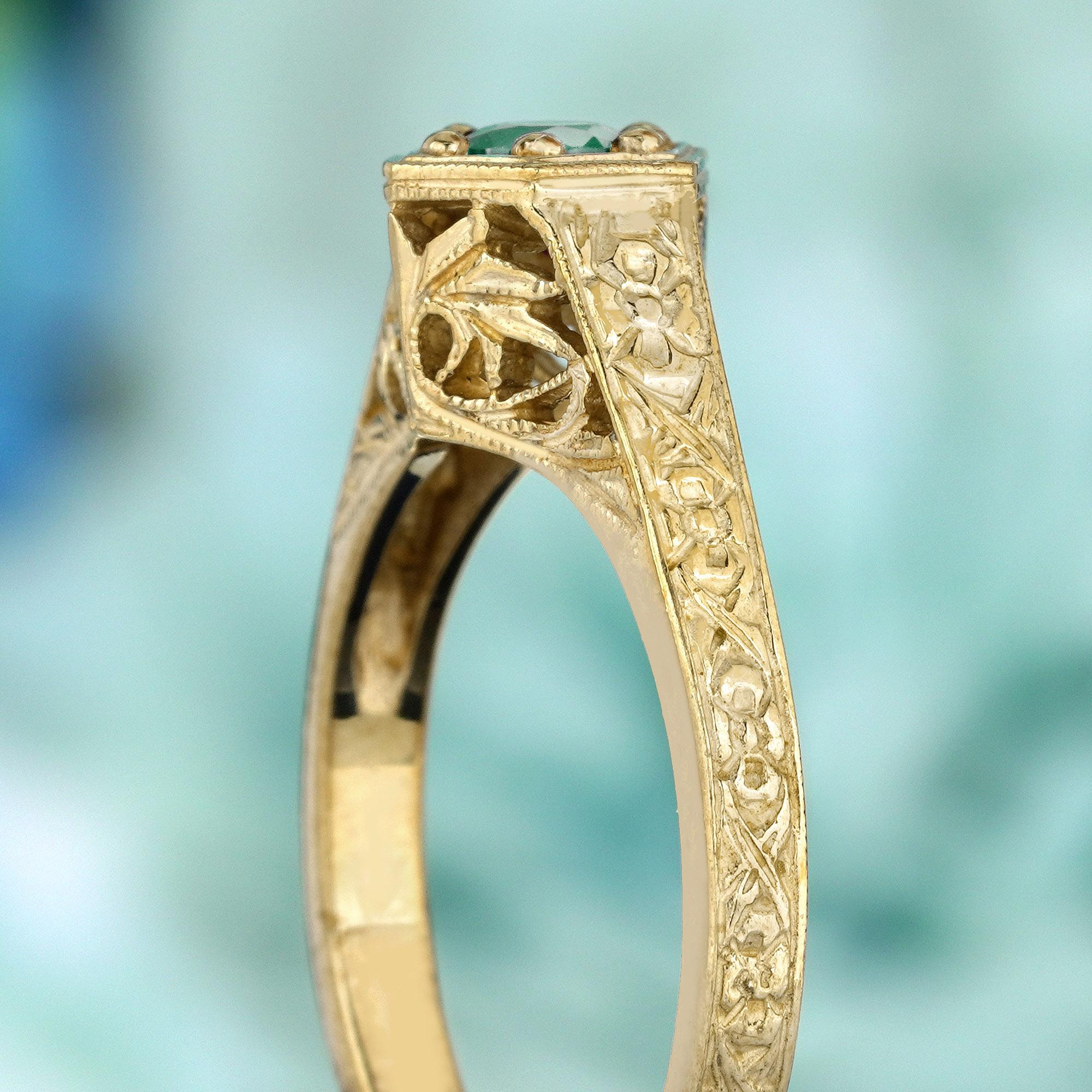 Bague de fiançailles sculptée de style vintage en or jaune 9 carats avec émeraude naturelle Pour femmes 