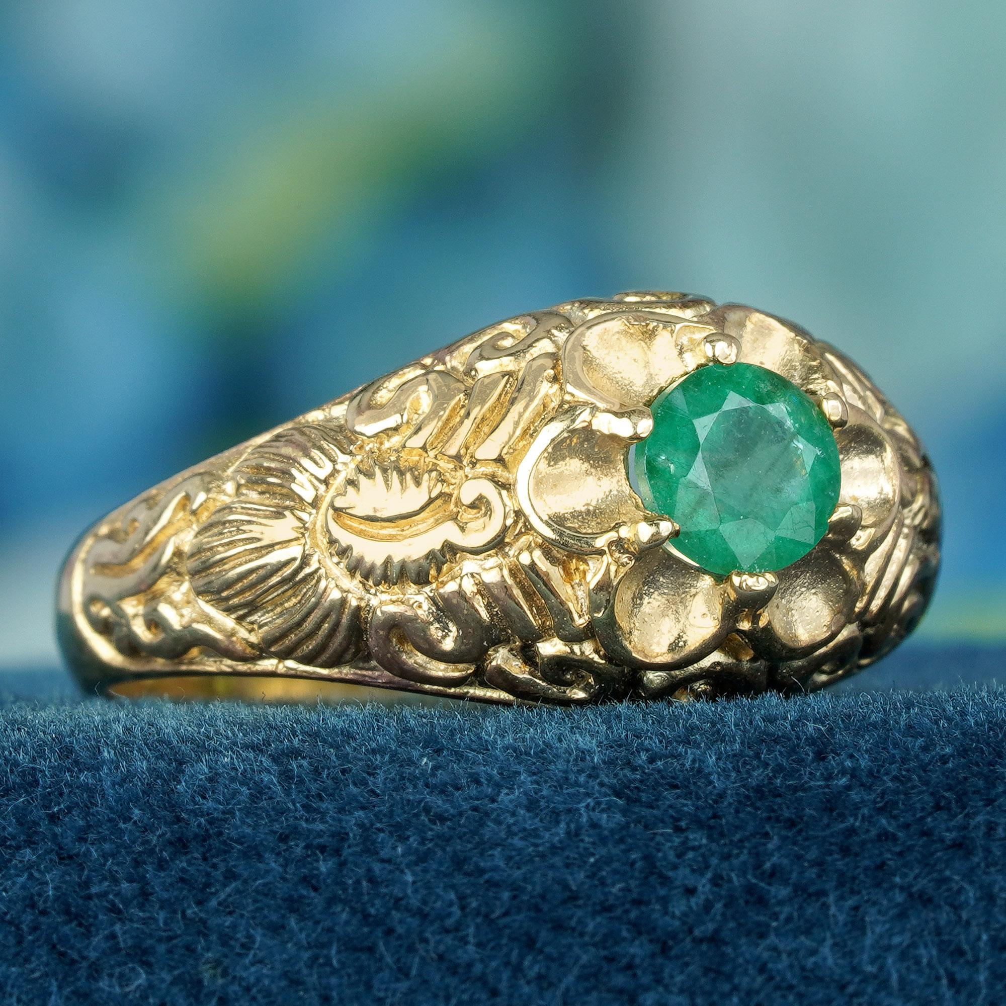 Edwardian Natural Emerald Vintage Style Carved Ring in Solid 9K Yellow Gold For Sale