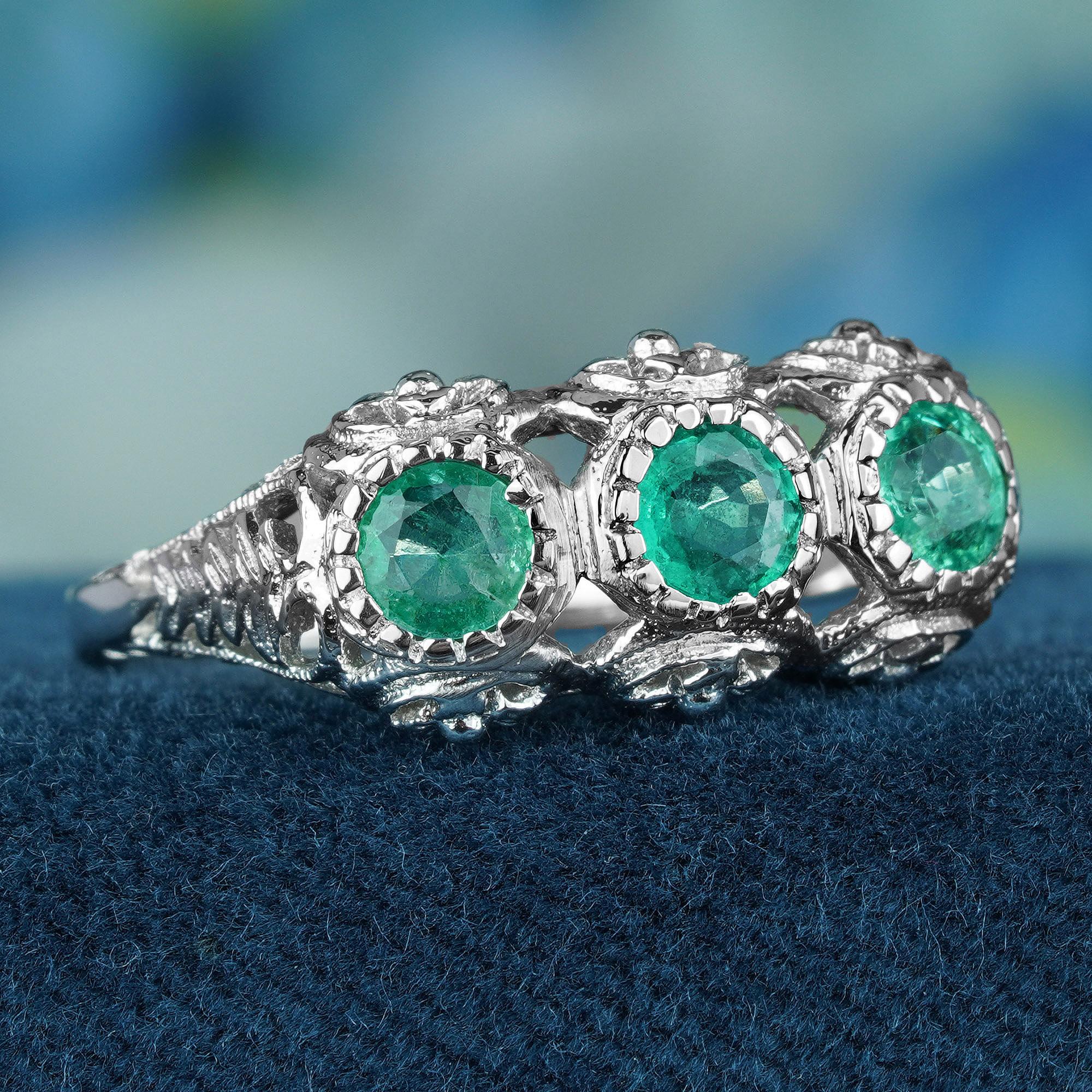 Edwardian Natural Emerald Vintage Style Filigree Three Stone Ring in Solid 9K White Gold For Sale