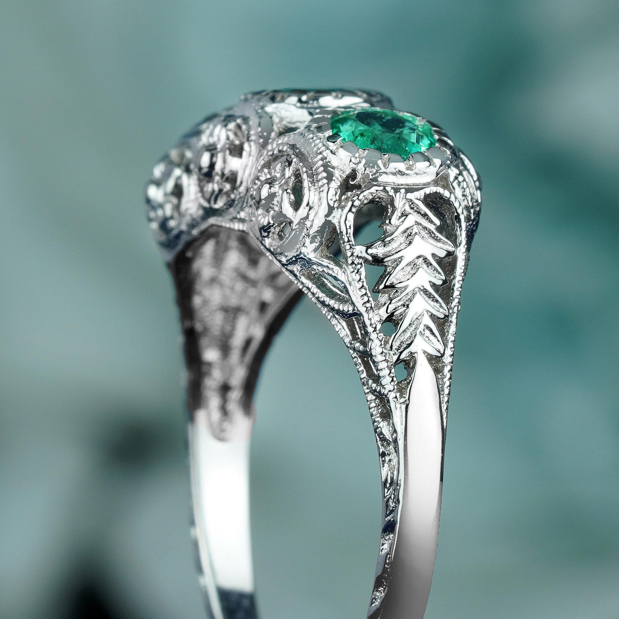 Women's Natural Emerald Vintage Style Filigree Three Stone Ring in Solid 9K White Gold For Sale