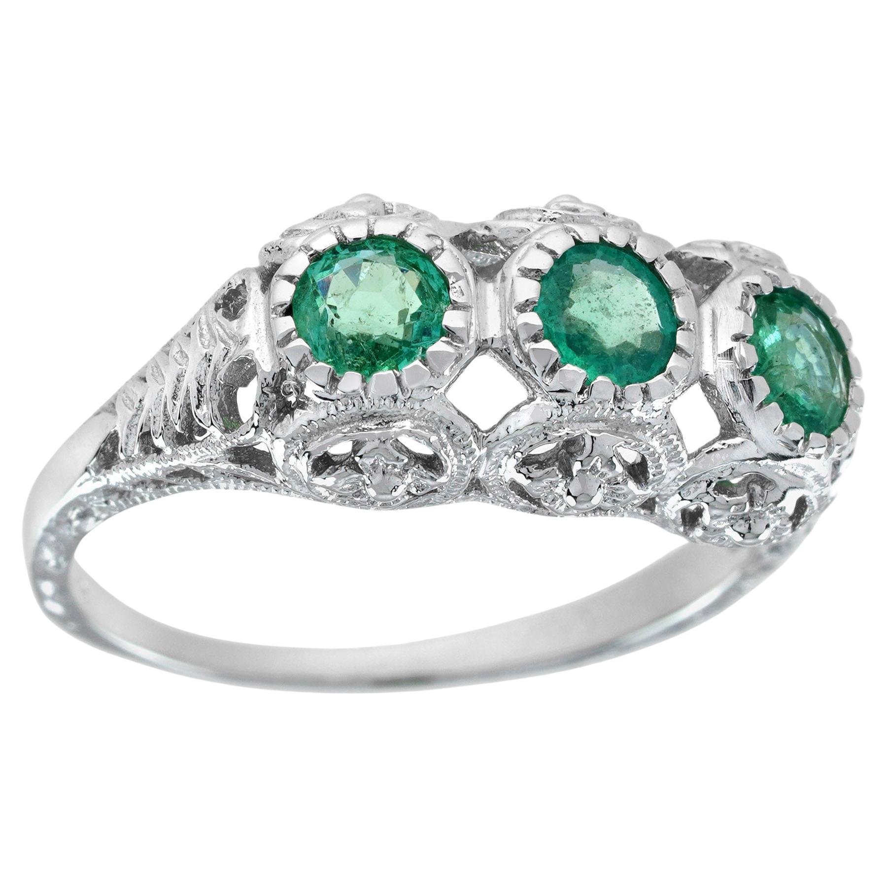 Natural Emerald Vintage Style Filigree Three Stone Ring in Solid 9K White Gold For Sale