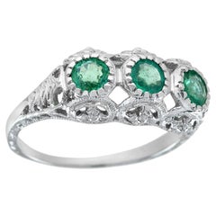 Natural Emerald Vintage Style Filigree Three Stone Ring in Solid 9K White Gold