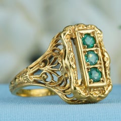 Natural Emerald Vintage Style Filigree Three Stone Ring in Solid 9K Yellow Gold