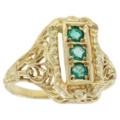 Natural Emerald Vintage Style Filigree Three Stone Ring in Solid 9K Yellow Gold