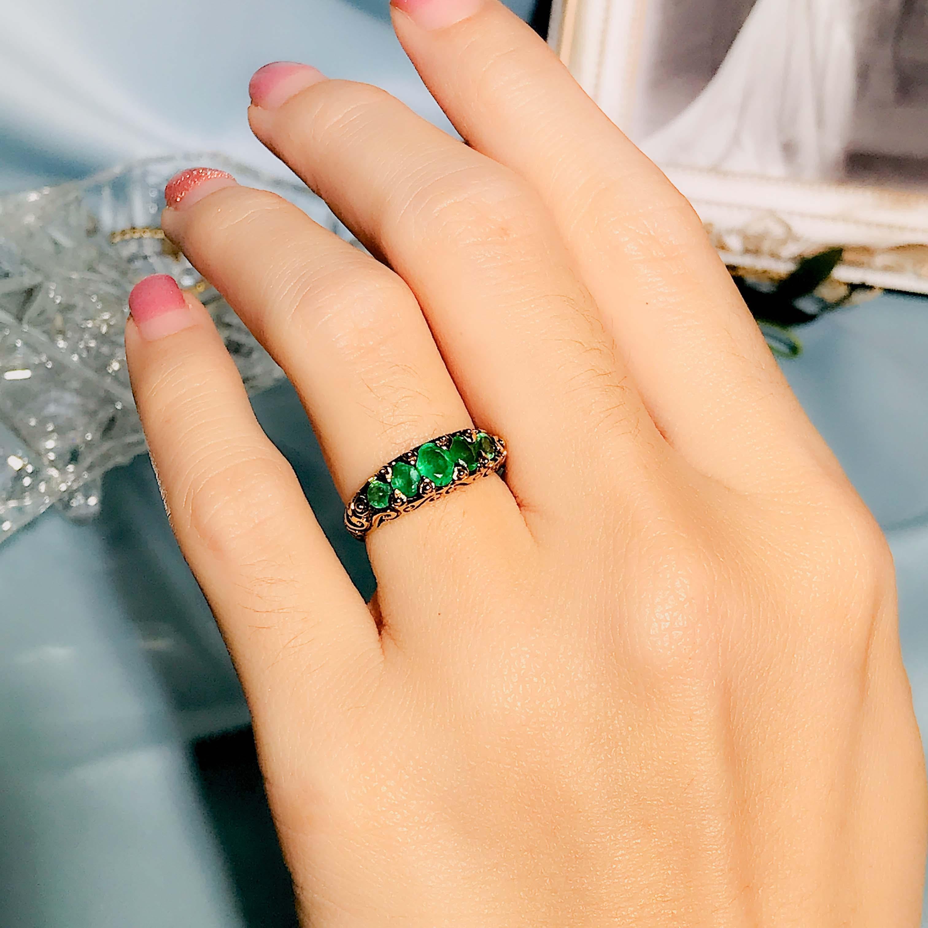 Natural Emerald Vintage Style Five Stone Ring in Solid 9K Yellow Gold For Sale 4