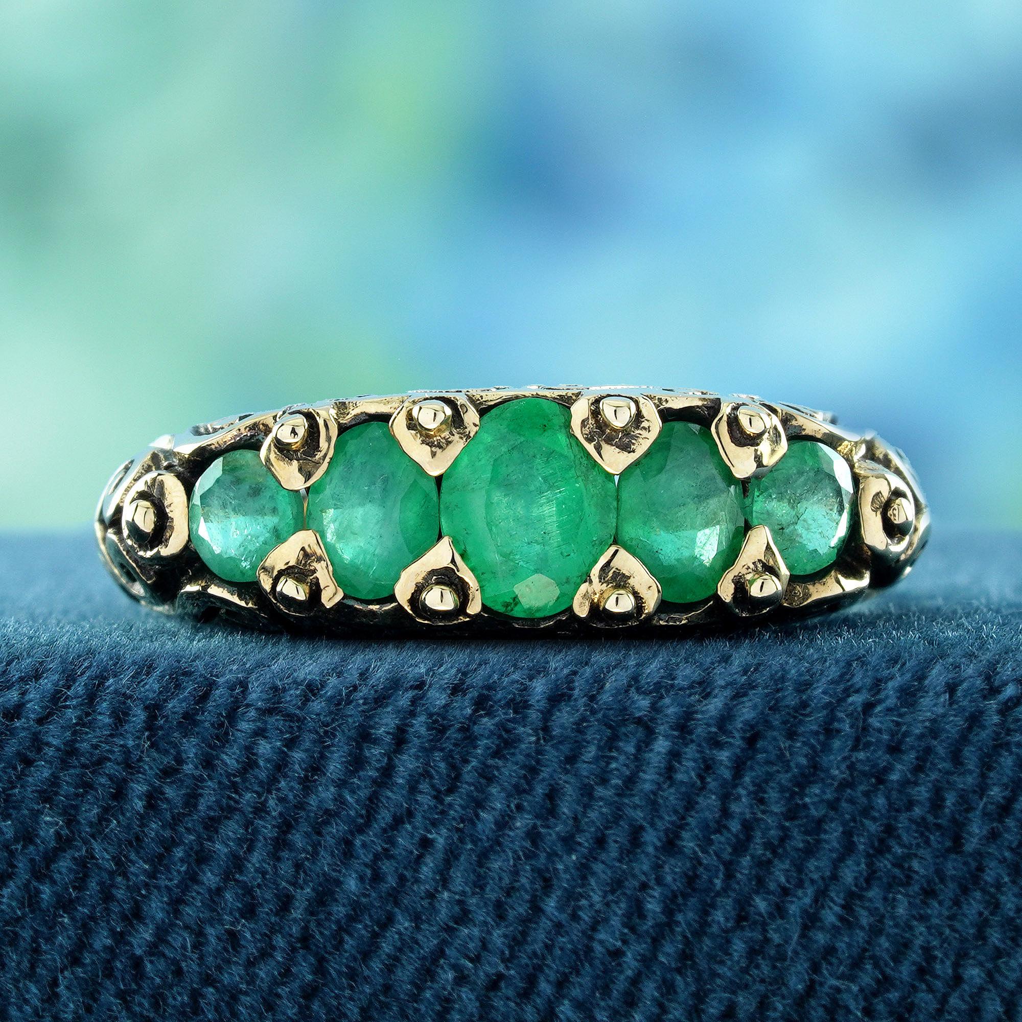 Edwardian Natural Emerald Vintage Style Five Stone Ring in Solid 9K Yellow Gold For Sale