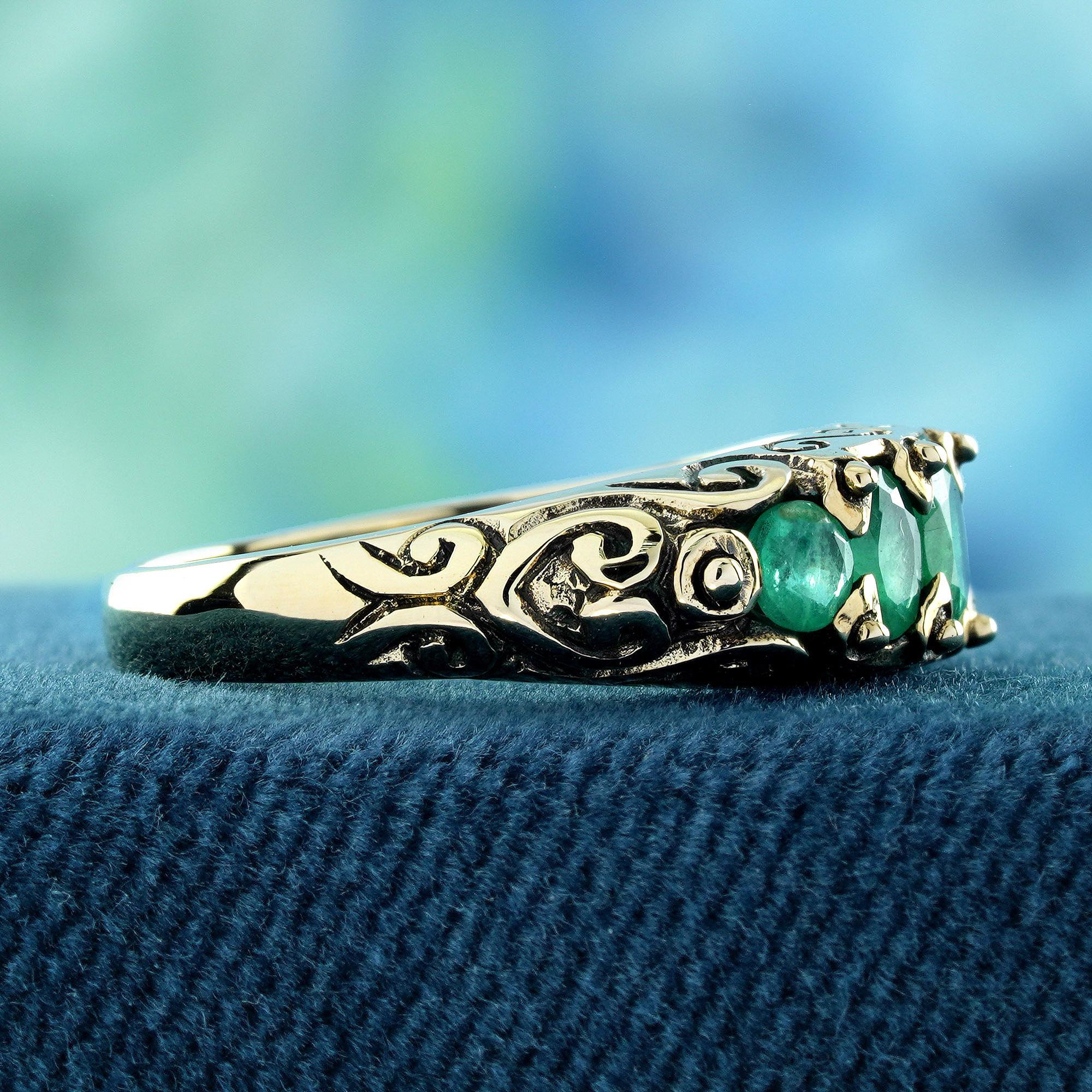 Oval Cut Natural Emerald Vintage Style Five Stone Ring in Solid 9K Yellow Gold For Sale