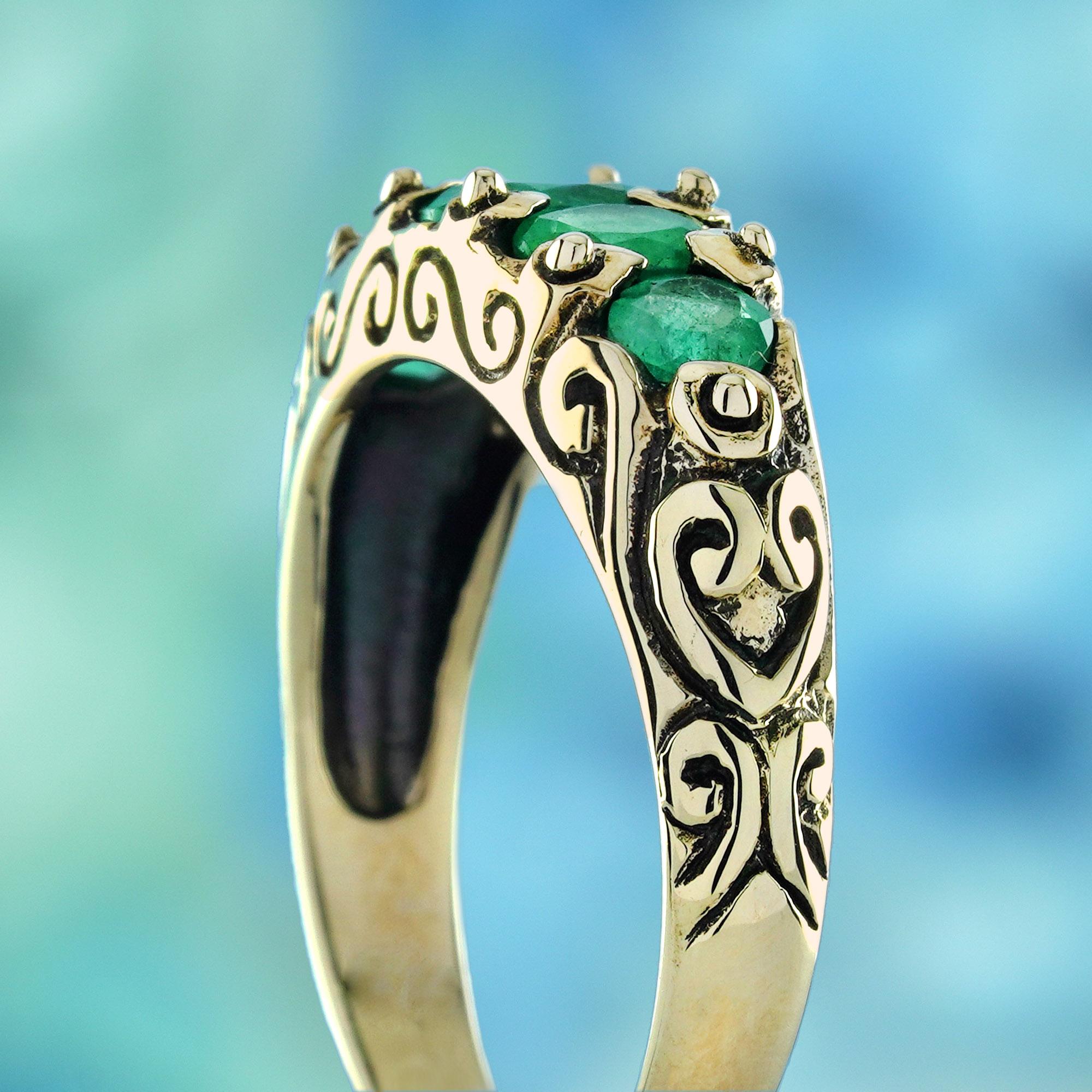 Women's Natural Emerald Vintage Style Five Stone Ring in Solid 9K Yellow Gold For Sale