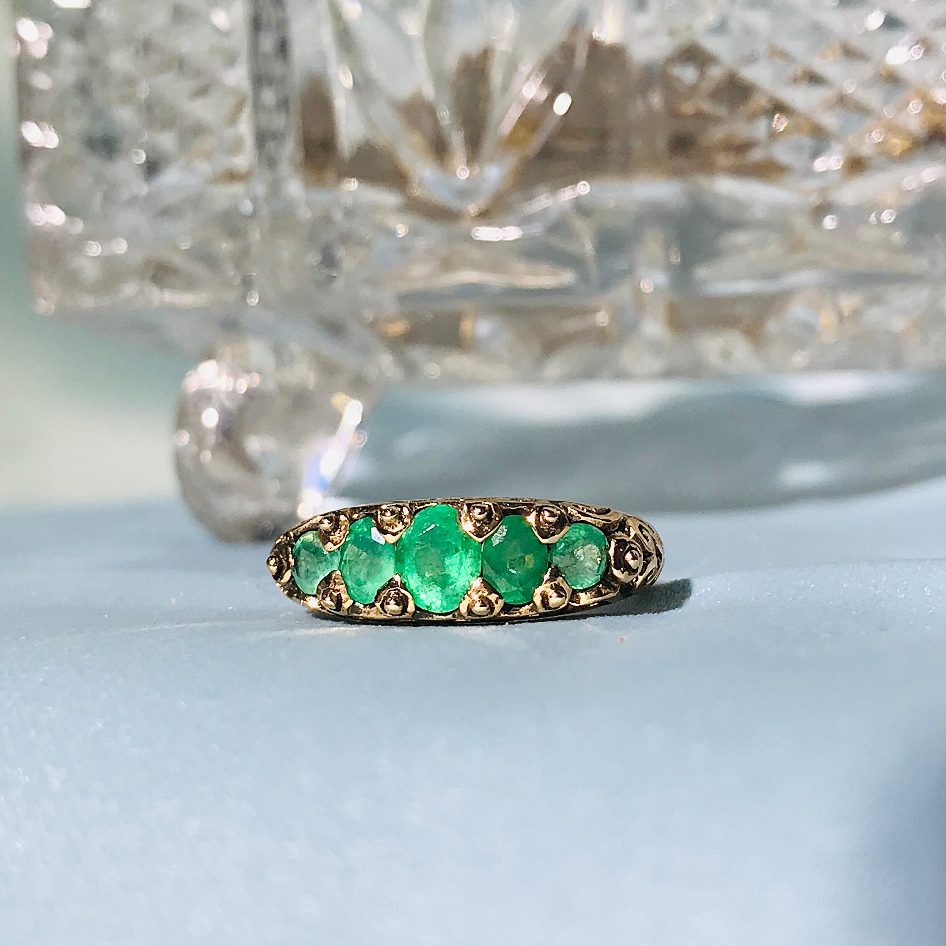 Natural Emerald Vintage Style Five Stone Ring in Solid 9K Yellow Gold For Sale 1