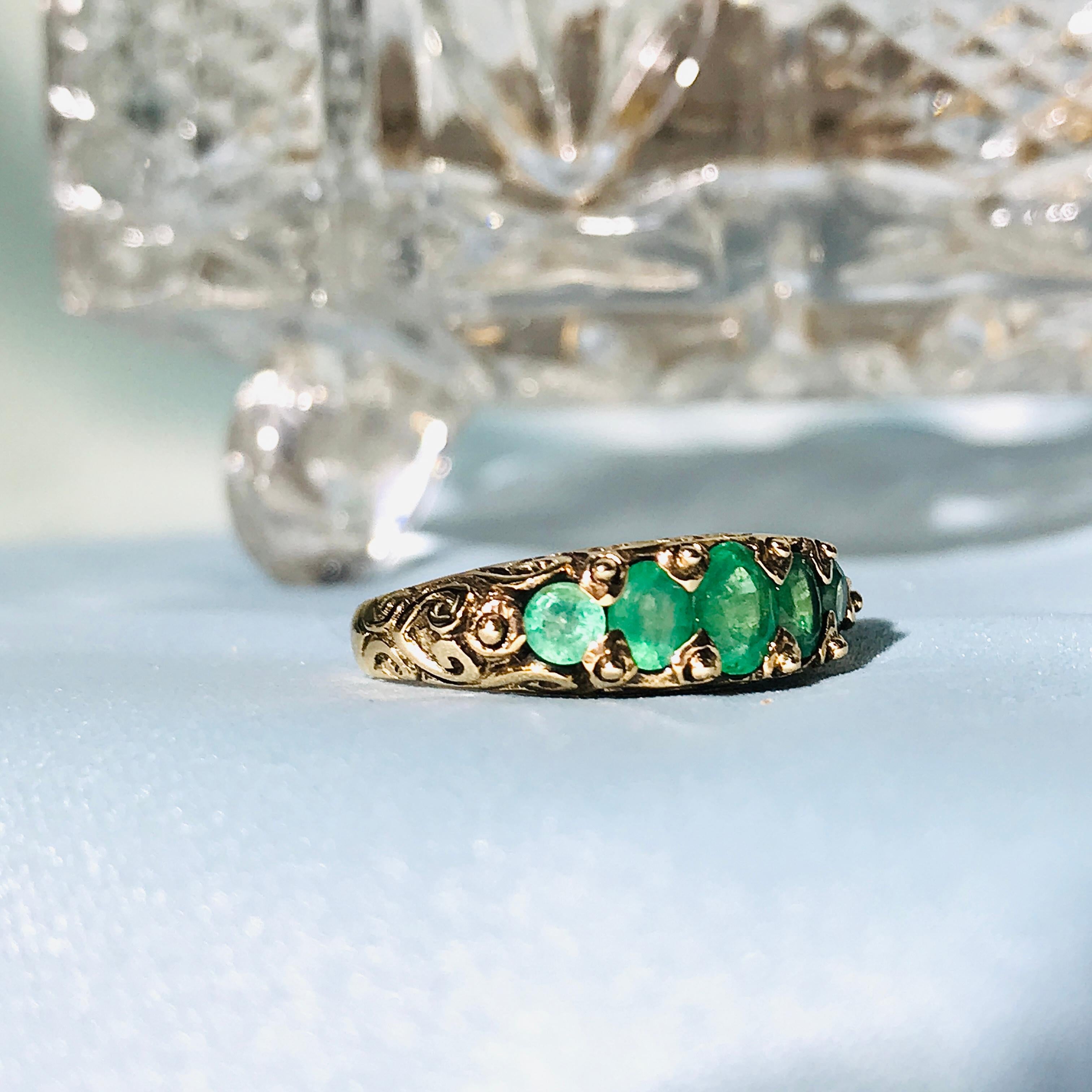 Natural Emerald Vintage Style Five Stone Ring in Solid 9K Yellow Gold For Sale 2