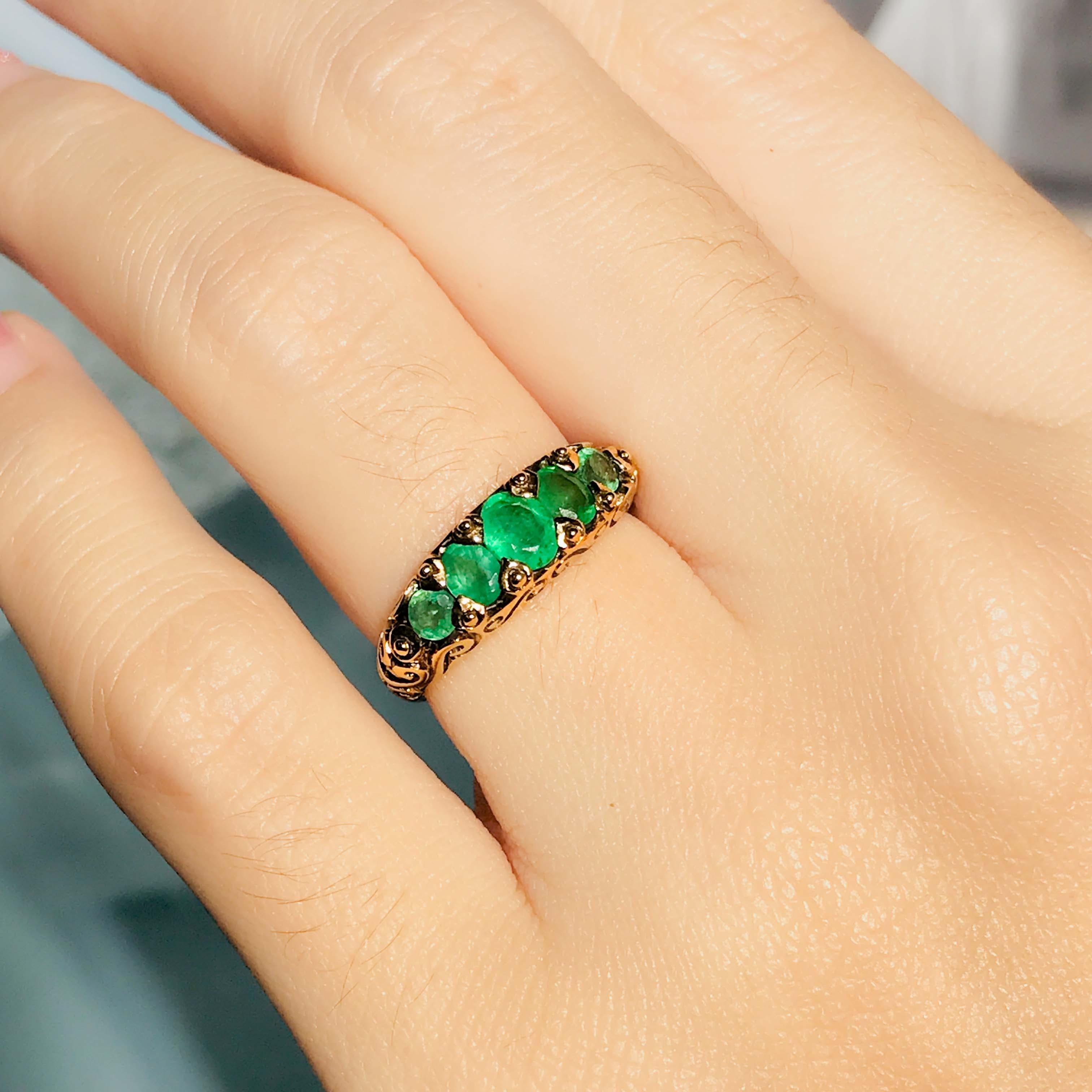 Natural Emerald Vintage Style Five Stone Ring in Solid 9K Yellow Gold For Sale 3