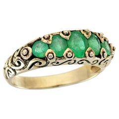 Natural Emerald Vintage Style Five Stone Ring in Solid 9K Yellow Gold