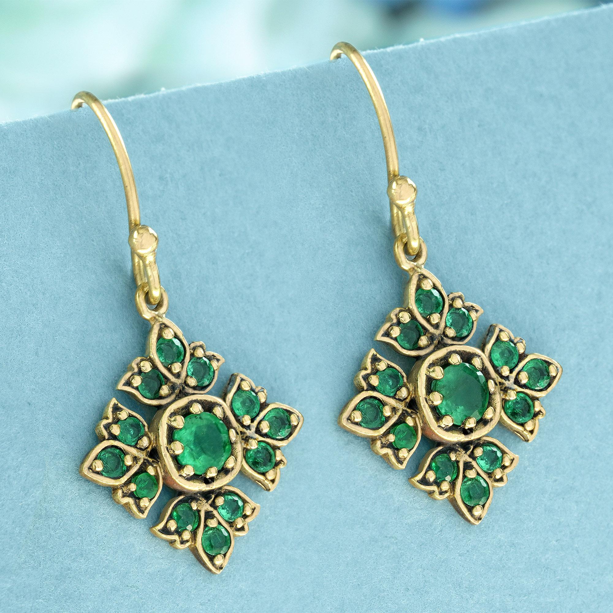 Edwardian Natural Emerald Vintage Style Floral Drop Earrings in Solid 9K Yellow Gold For Sale