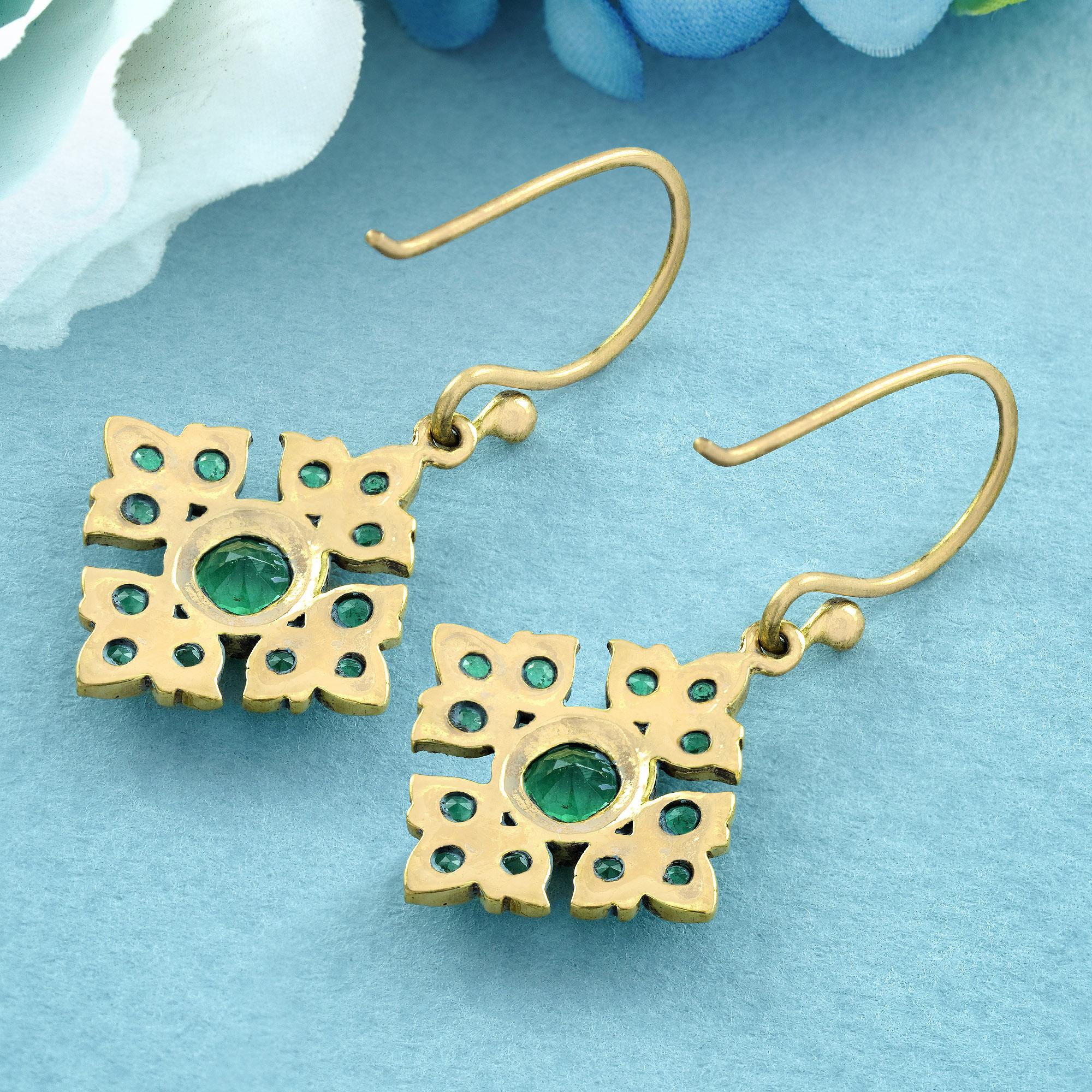 Round Cut Natural Emerald Vintage Style Floral Drop Earrings in Solid 9K Yellow Gold For Sale