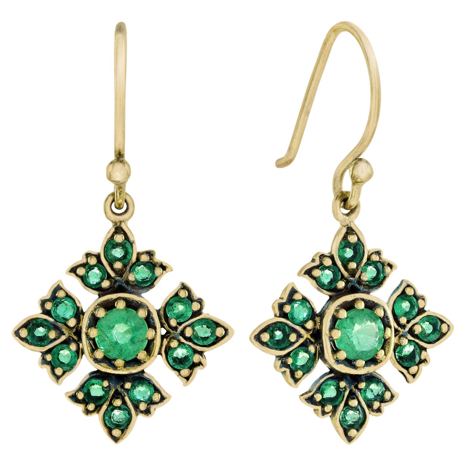 Natural Emerald Vintage Style Floral Drop Earrings in Solid 9K Yellow Gold