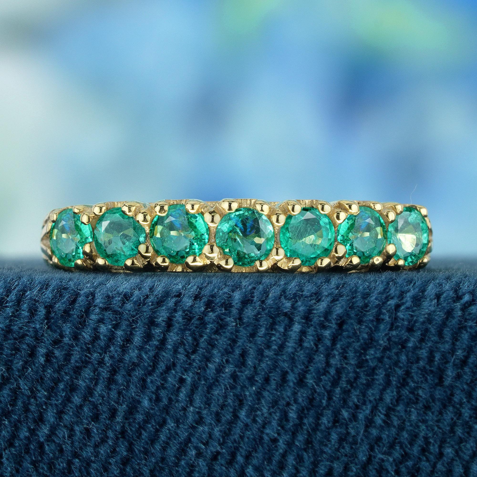 Start your journey of love and elegance with this Natural Emerald Vintage Style Half Eternity Ring in Solid 9K Yellow Gold
The rich green emeralds are beautifully set in a half eternity design, offering a timeless touch of sophistication. Crafted in