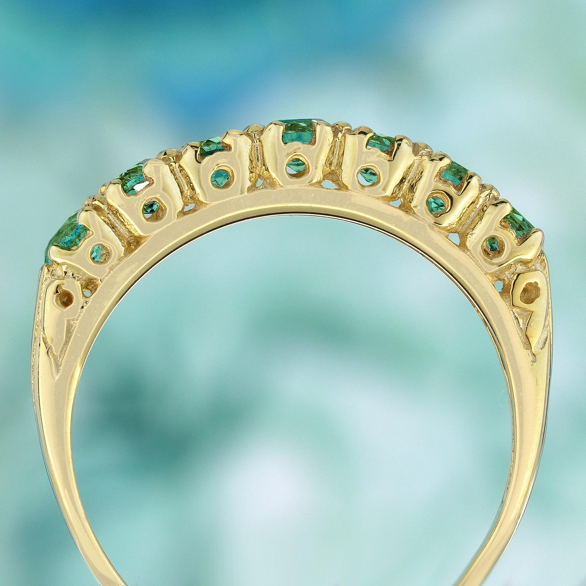 Natural  Emerald Vintage Style Ring Half Eternity in Solid 9K Yellow Gold In New Condition For Sale In Bangkok, TH