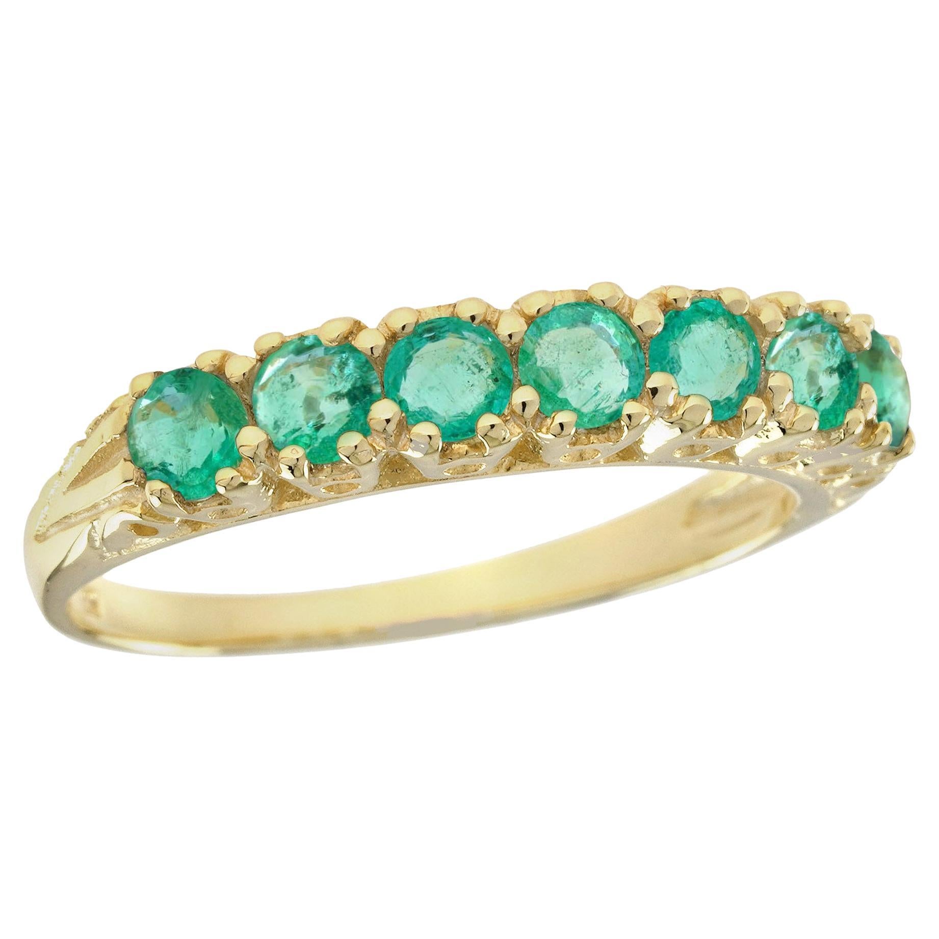 Natural  Emerald Vintage Style Ring Half Eternity in Solid 9K Yellow Gold