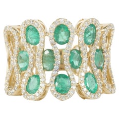 Natural Emerald Wide Band Diamond Gemstone Ring in 14k Solid Gold (Certified)