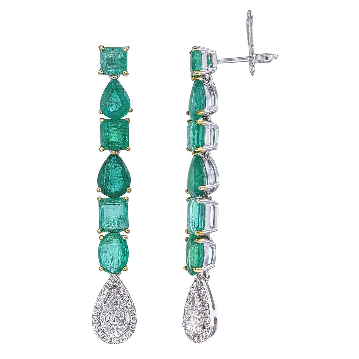 Mixed Cut Long Earrings of natural emeralds & diamonds For Sale