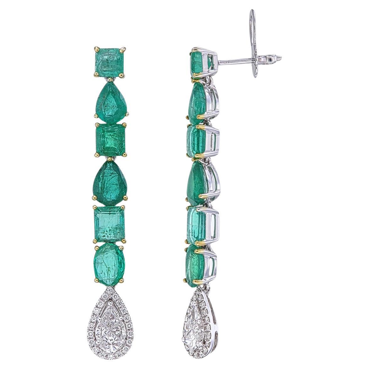 Long Earrings of natural emeralds & diamonds For Sale