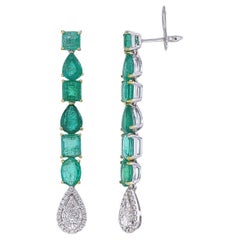 Used Long Earrings of natural emeralds & diamonds