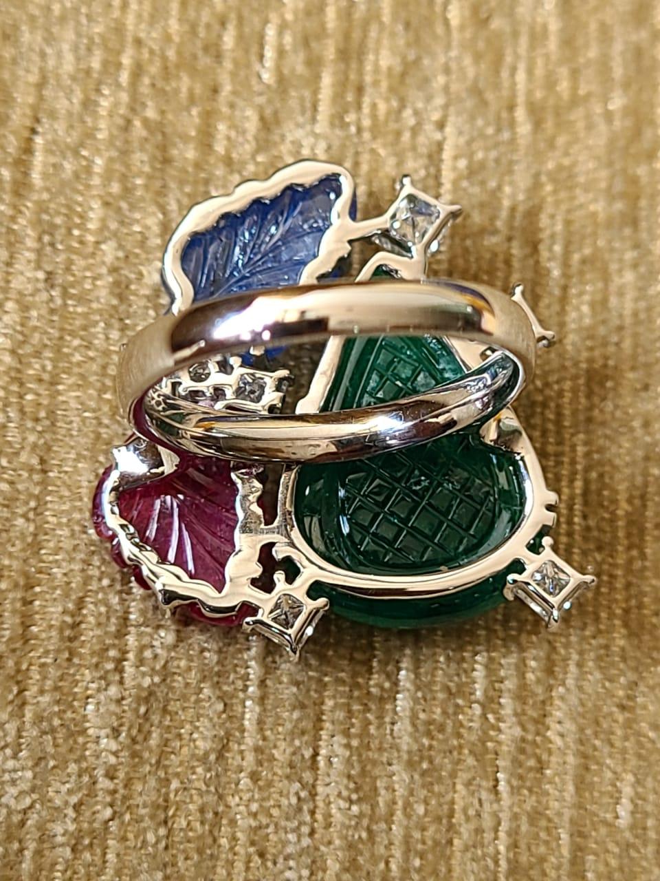 Anglo-Indian Natural Emerald, Blue Sapphire, Ruby & Diamonds Tutti-Frutti Style Cocktail Ring
