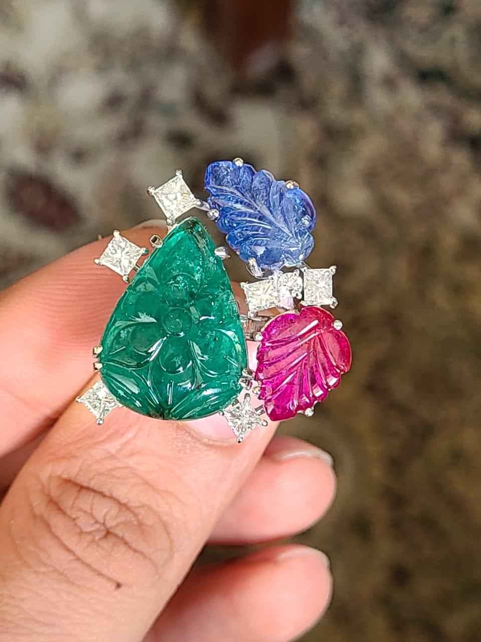 Princess Cut Natural Emerald, Blue Sapphire, Ruby & Diamonds Tutti-Frutti Style Cocktail Ring