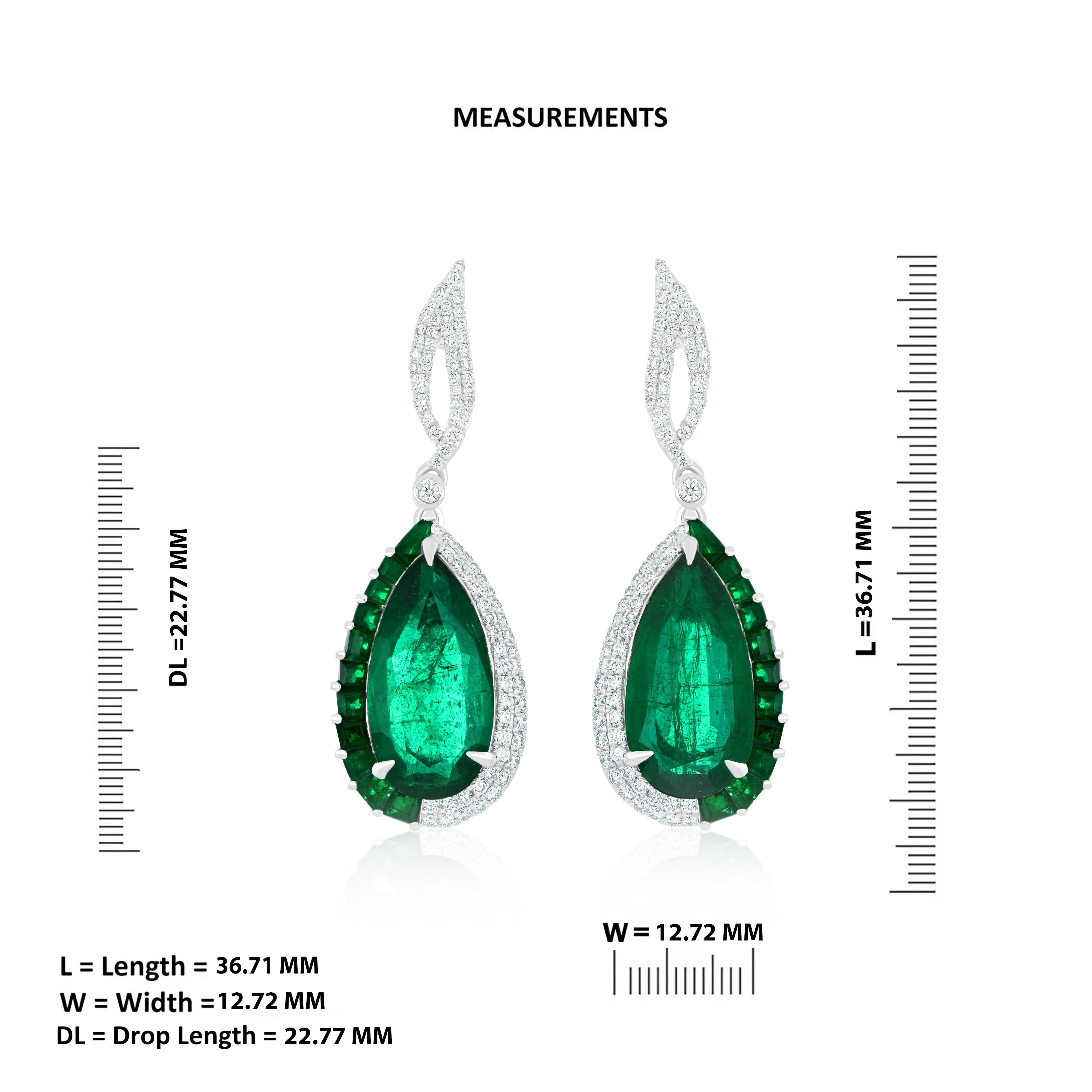 Modern Natural Emeralds and Diamond Studded Drop Earrings in 18kt White Gold For Sale