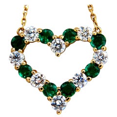 Natural Emeralds and Diamonds Open Heart Necklace 1.84 Carat, 14 Karat G/Vs