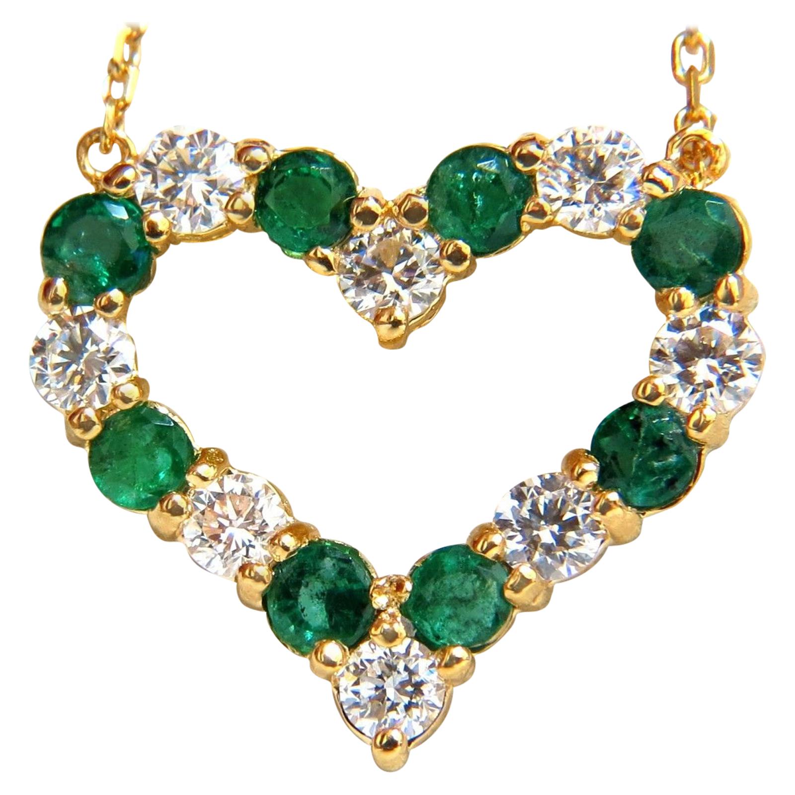 Natural Emeralds and Diamonds Open Heart Necklace 2.12 Carat 14 Karat G/Vs