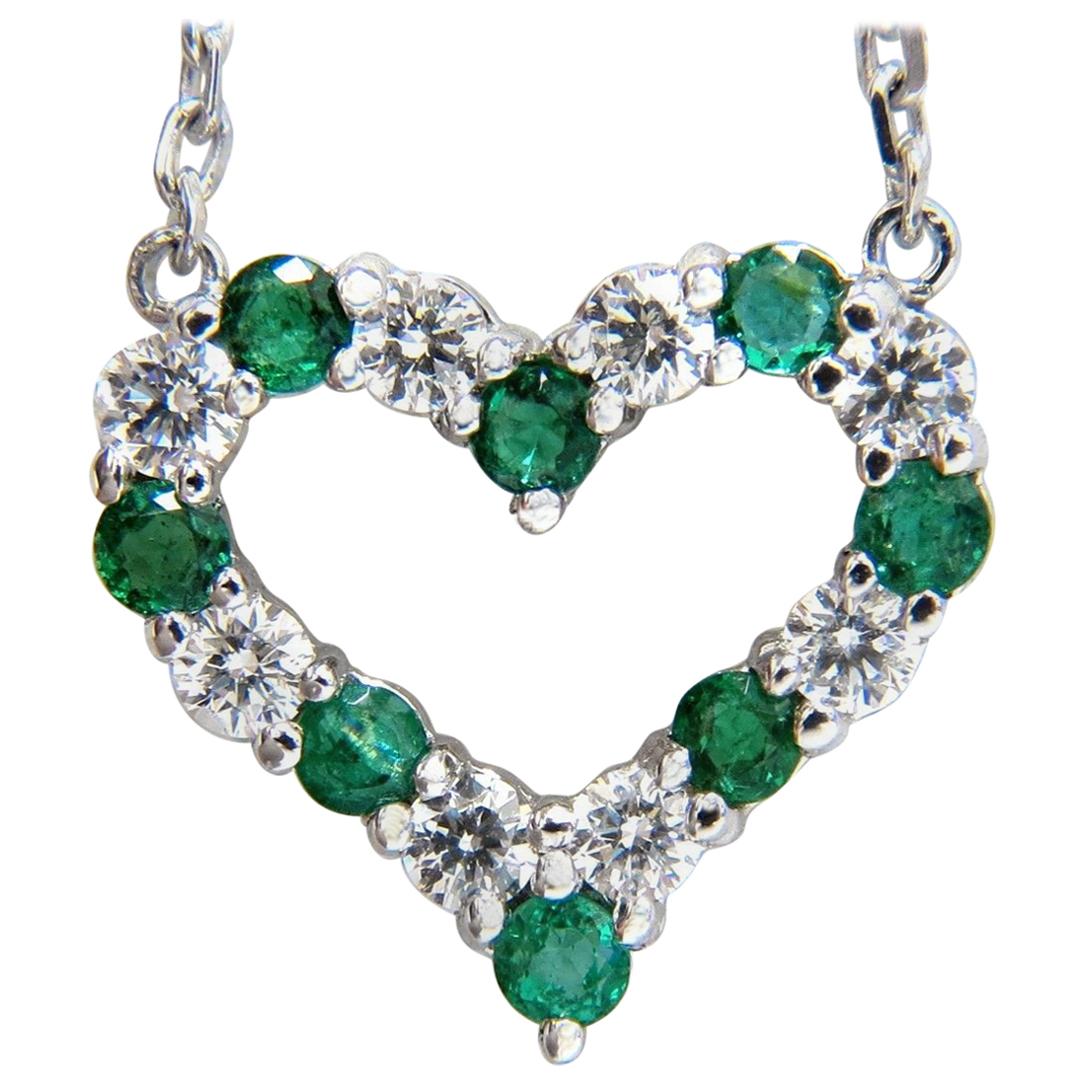 Natural Emeralds and Diamonds Open Heart Necklace .90 Carat 14 Karat G/Vs